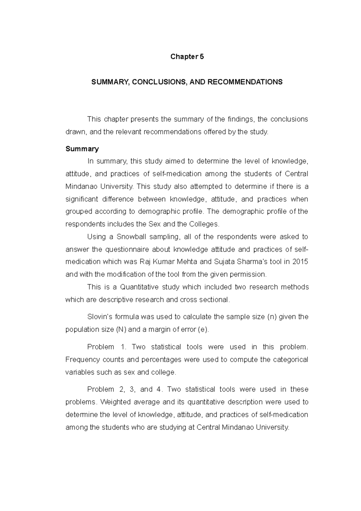 chapter 5 research sample quantitative