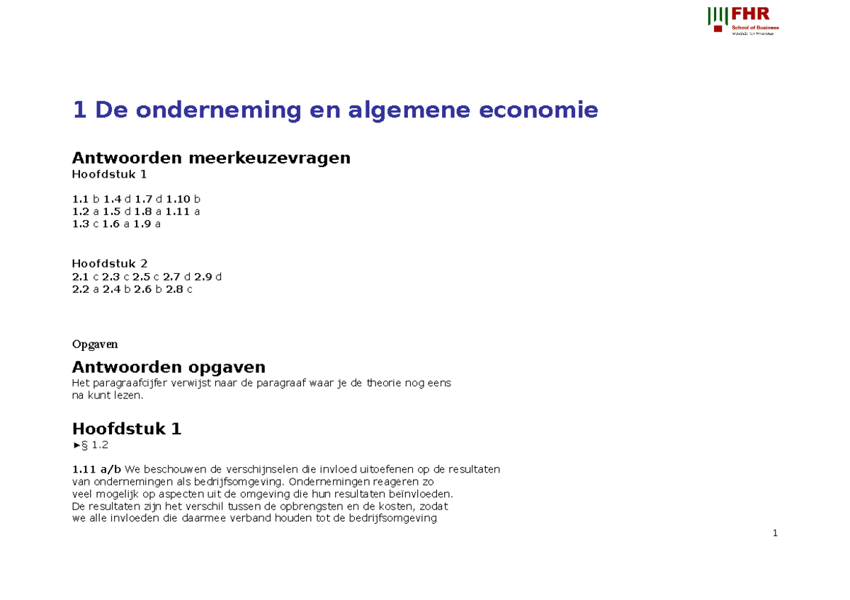 Uitwerkingen 1e college - 1 De onderneming en algemene economie