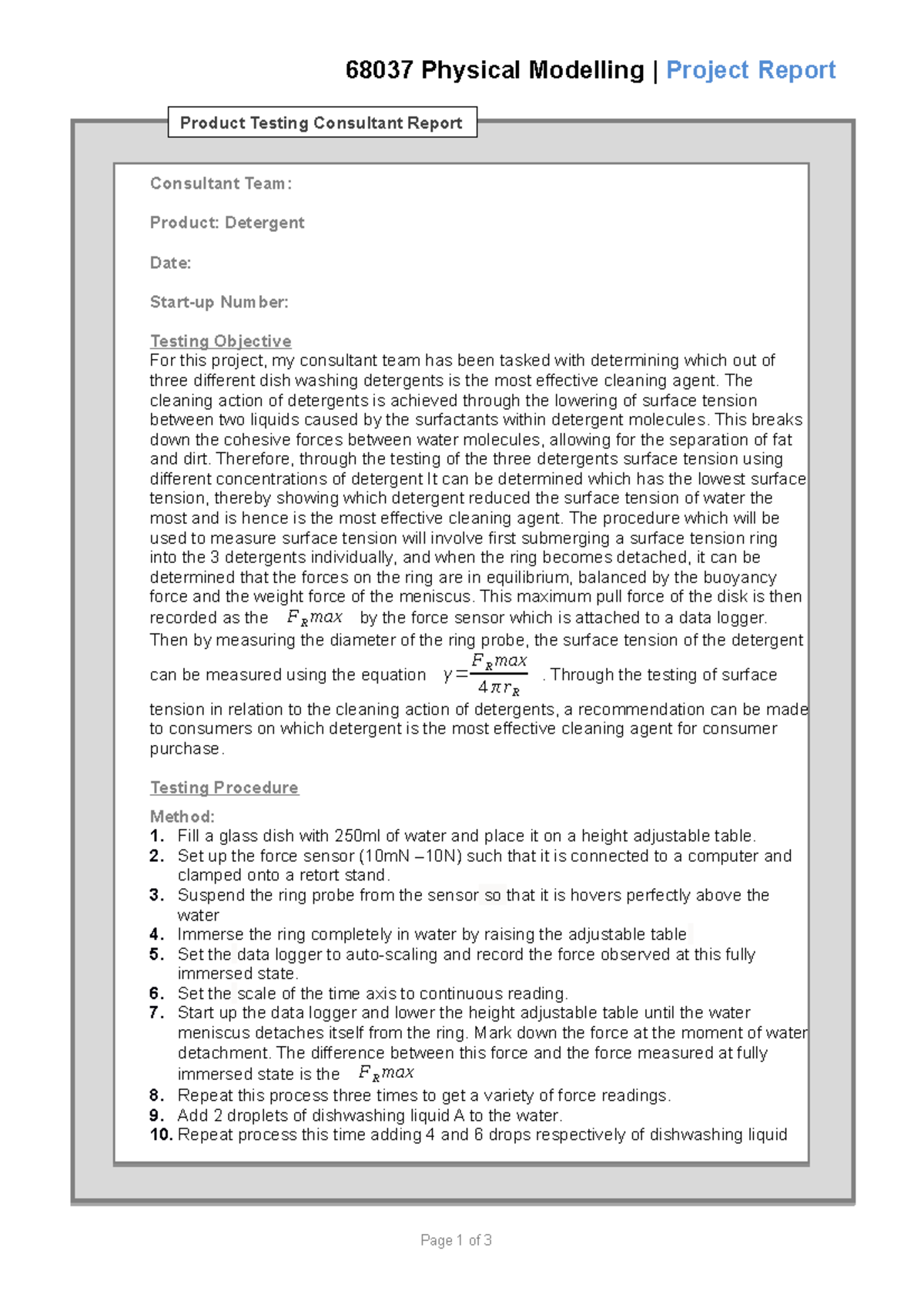 Detergent lab report 68037 Physical Modelling Project Report