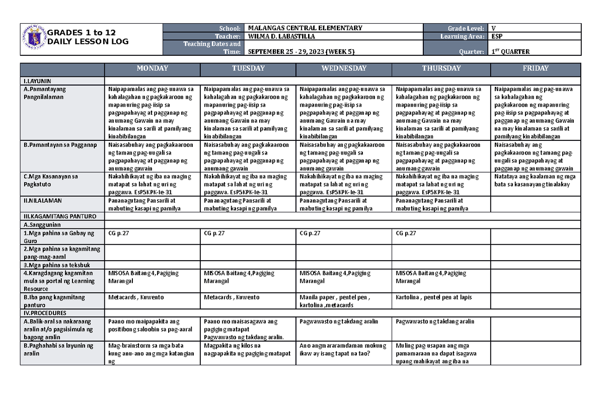 DLL ESP 5 Q1 W5 - qwertyuiop - GRADES 1 to 12 DAILY LESSON LOG School ...