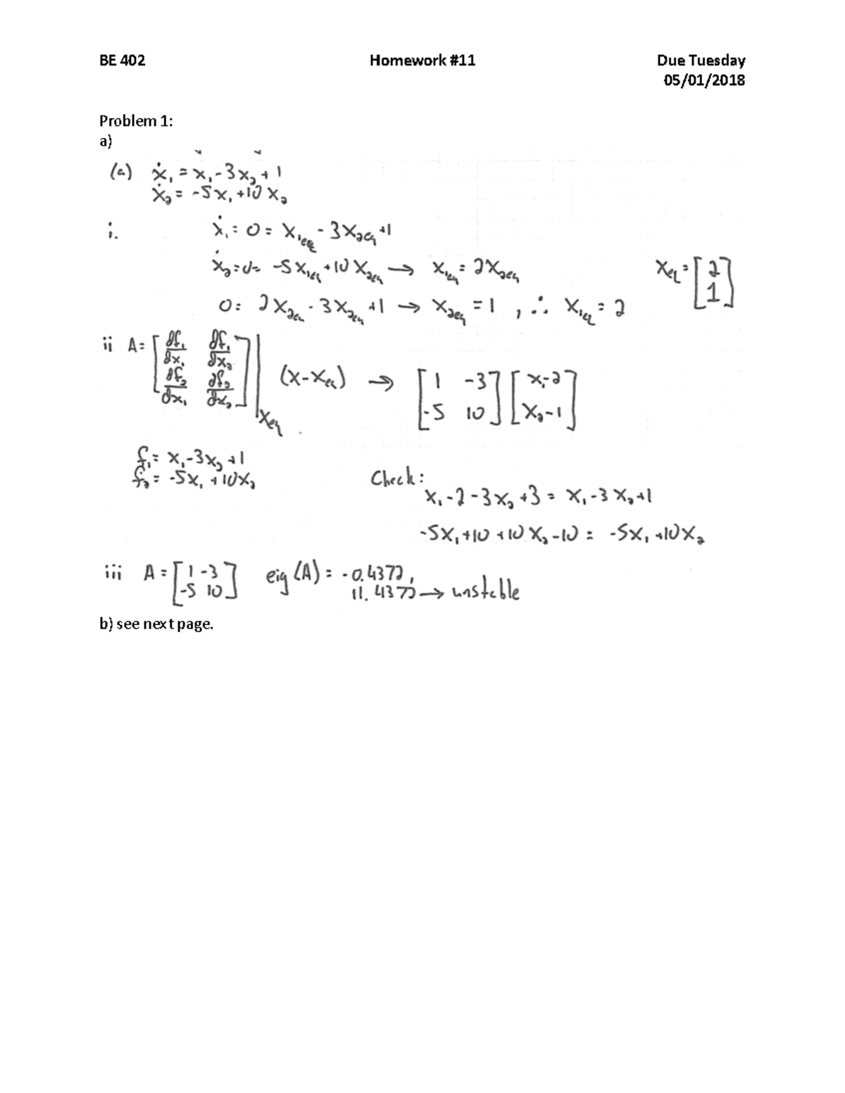 Hw11 solutions - Spring 2018 - ENG BE 402 - BE 402 Problem 1: a) b) see ...
