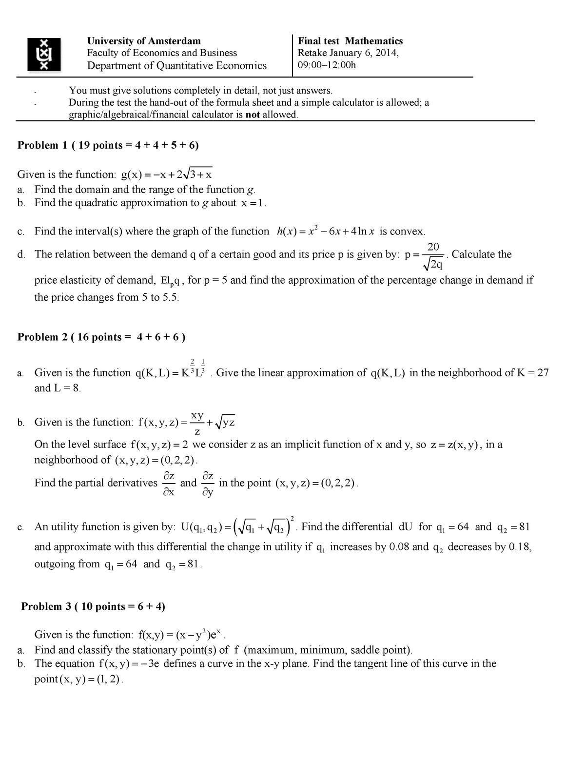 14 Resit January Q Mathematics 1 For Economics Uva Studocu