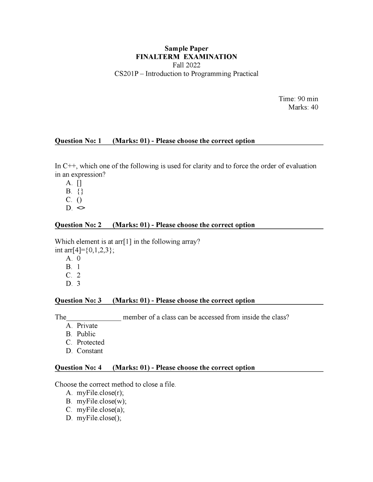 Sample Paper CS201P - Practice Questions Cs201 - Sample Paper FINALTERM ...