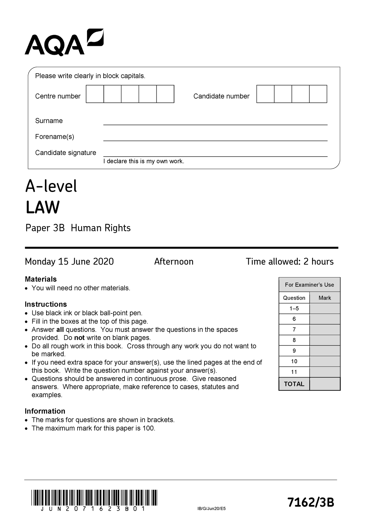 AQA 71623 B QP NOV20 - Law - JUN2071623B01 IB/G/Jun20/E 7162/3B For ...