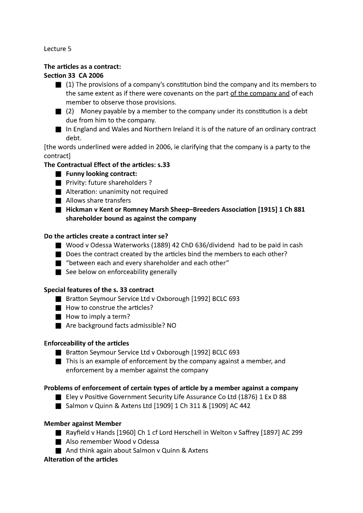 Lecture 5 - Business Law - Lecture 5 The Articles As A Contract ...