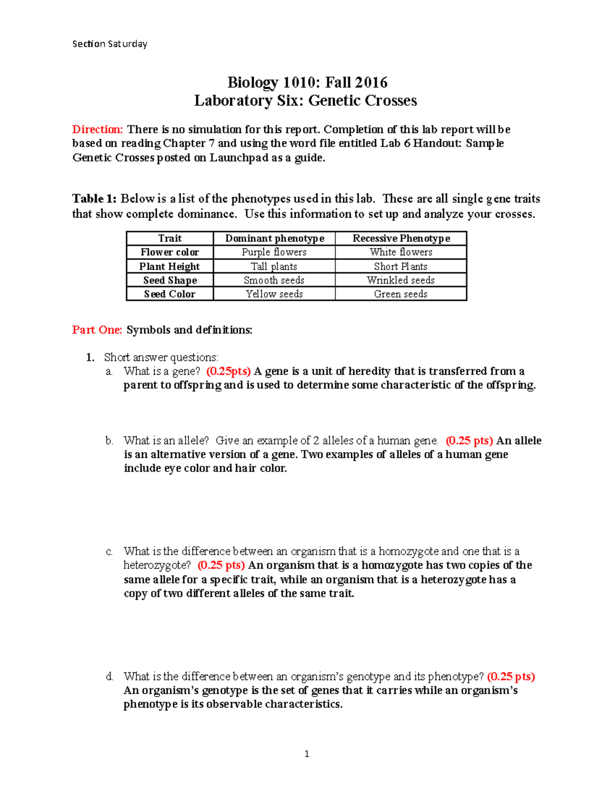 BIO1010 Lab 6 Crosses S Fall16 Section Saturday Biology 1010
