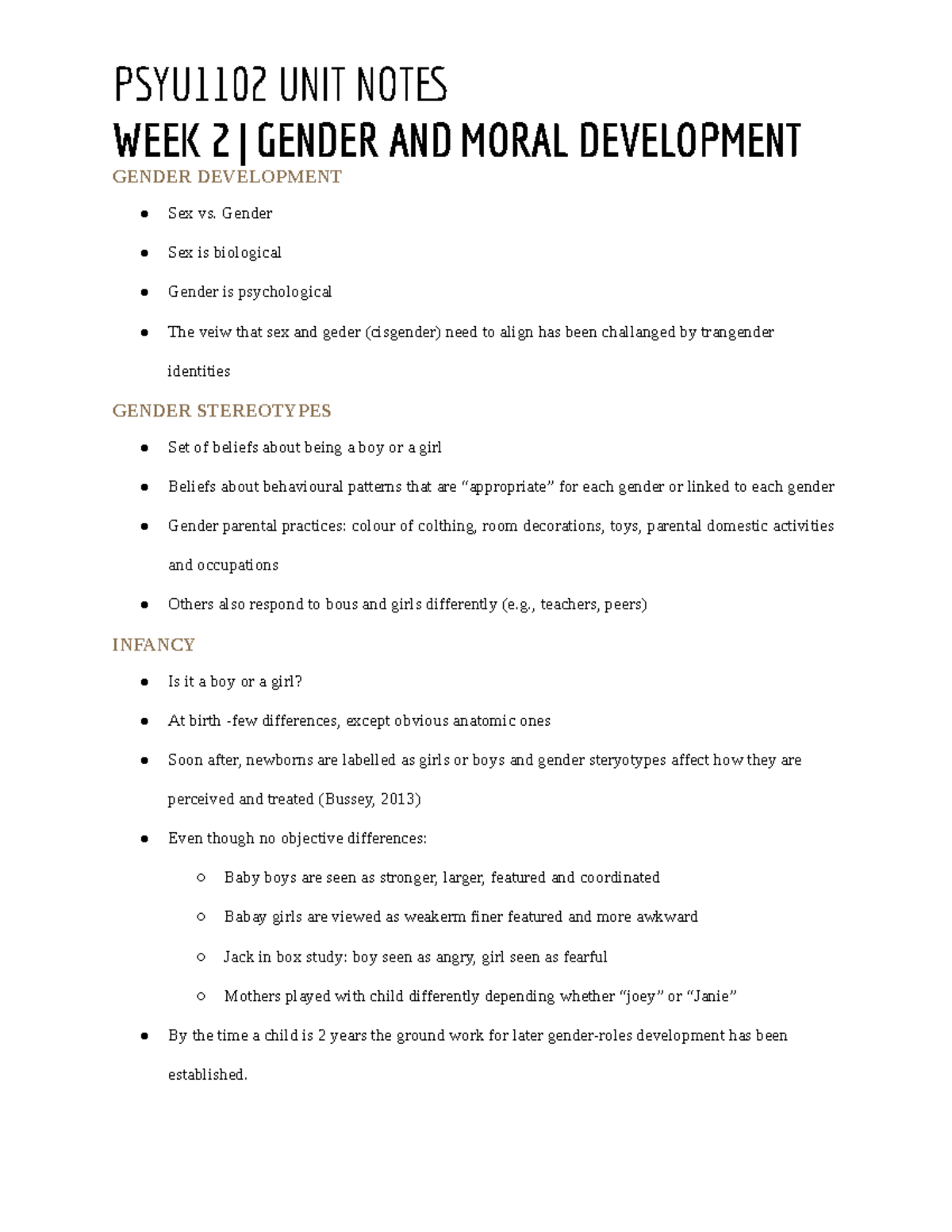 PSYU1102 Unit Notes - WEEK 2 | GENDER AND MORAL DEVELOPMENT GENDER ...