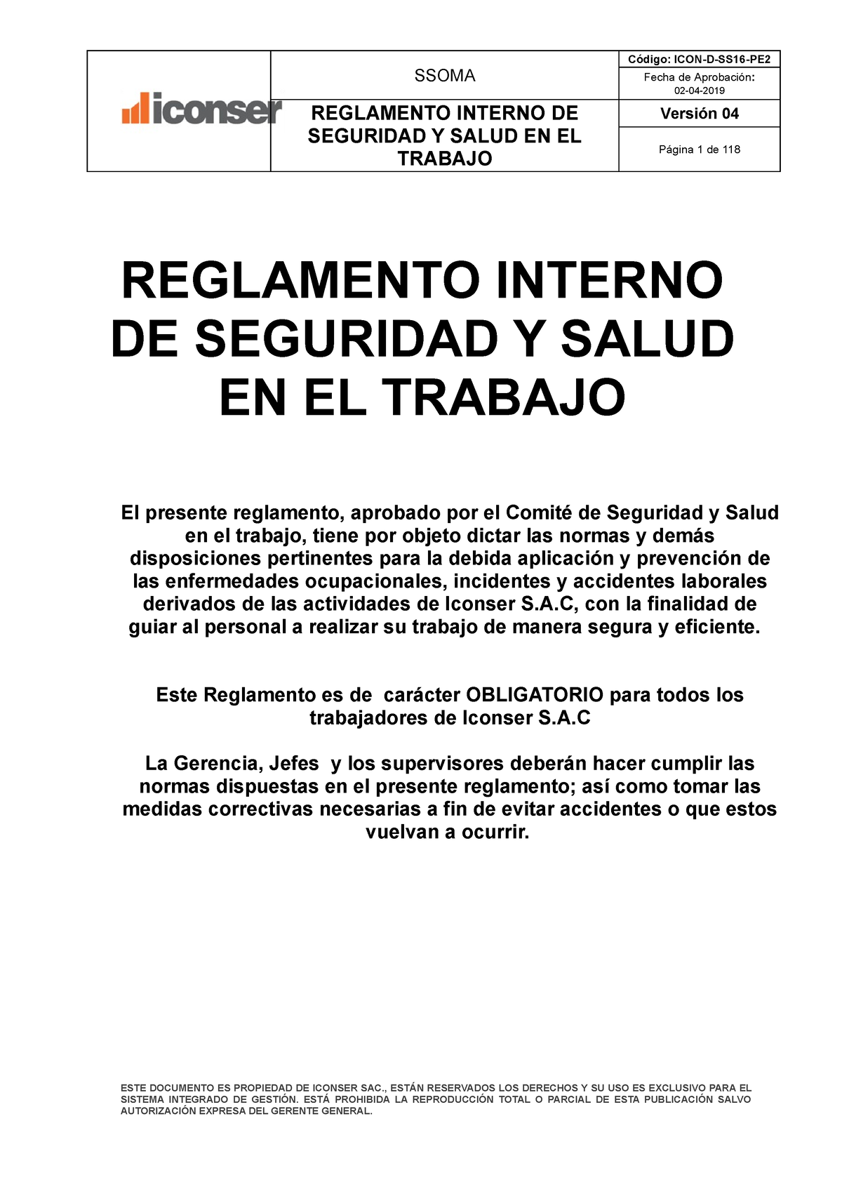 Reglamento Interno De Seguridad Y Salud Final ( VF) 21-05-2019 - SSOMA ...