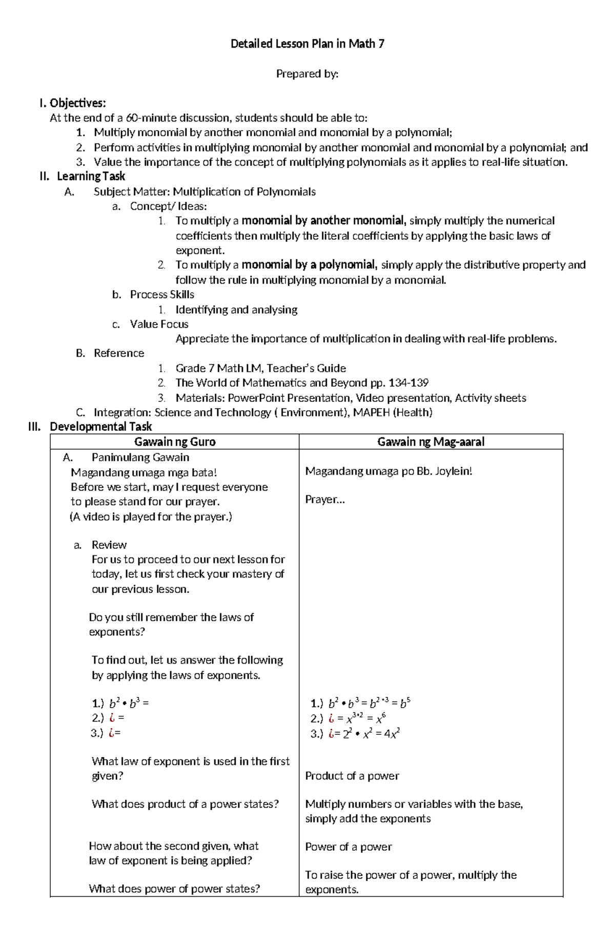 Multiplication of Polynomials 072217 - Detailed Lesson Plan in Math 7 ...