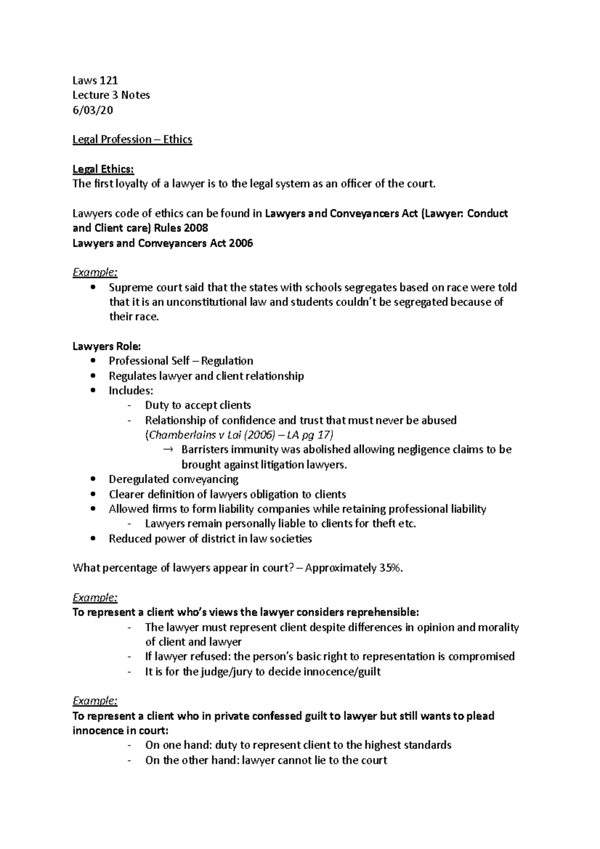 Lecture 3 Legal profession ethics Laws 121 Lecture 3 Notes 6/03