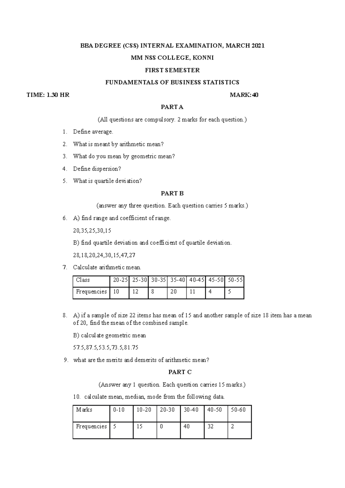 Bba Statistics - Question Paper - BBA DEGREE (CSS) INTERNAL EXAMINATION ...