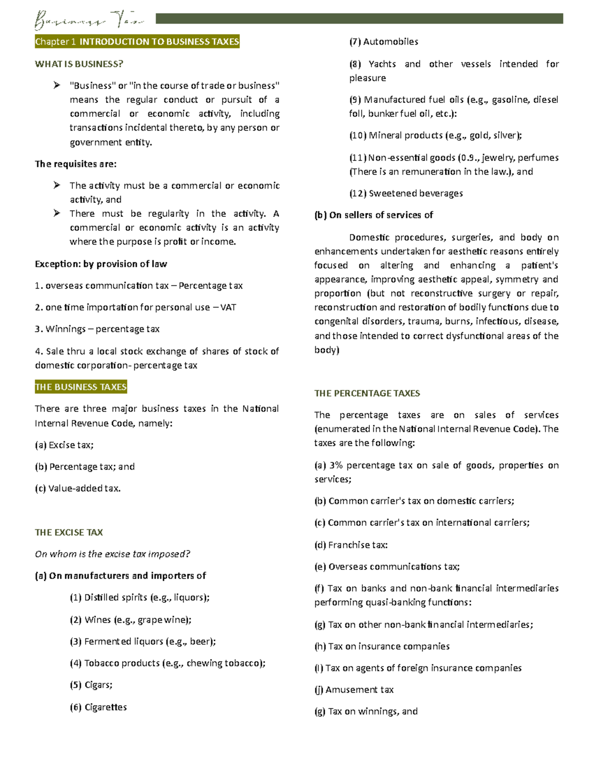 Chapter 1 - notes - Chapter 1 INTRODUCTION TO BUSINESS TAXES WHAT IS ...