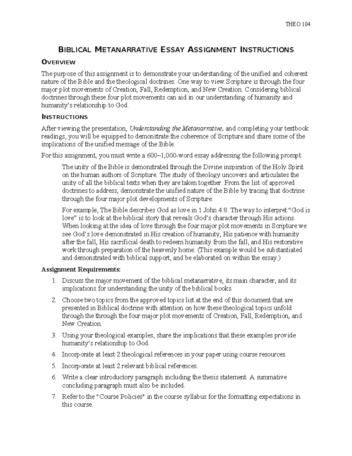 Biblical Metanarrative Essay Assignment Instructions - THEO 104 ...