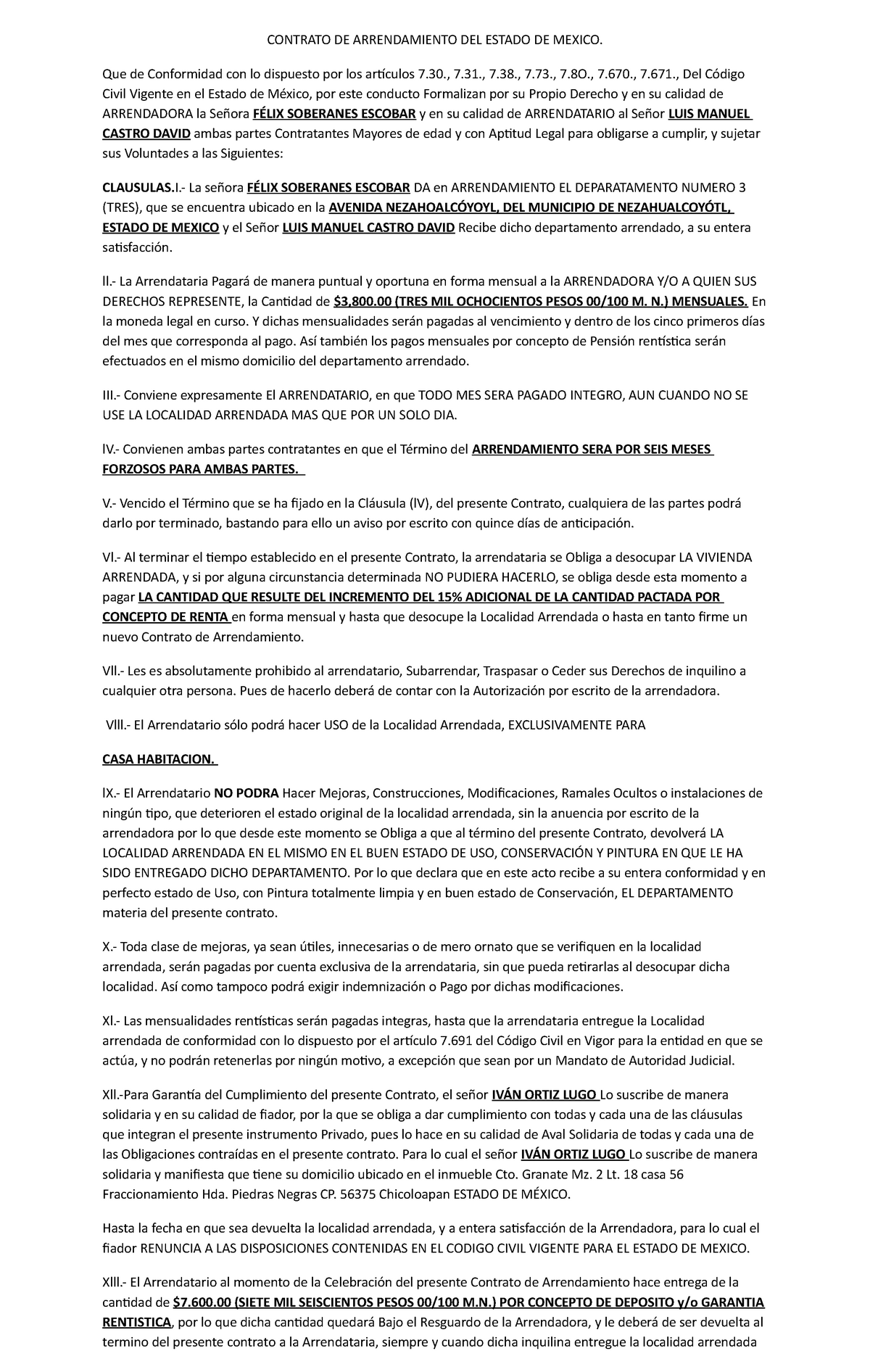 Contrato De Arrendamiento Del Estado De Mexico Contrato De Arrendamiento Del Estado De Mexico 0857