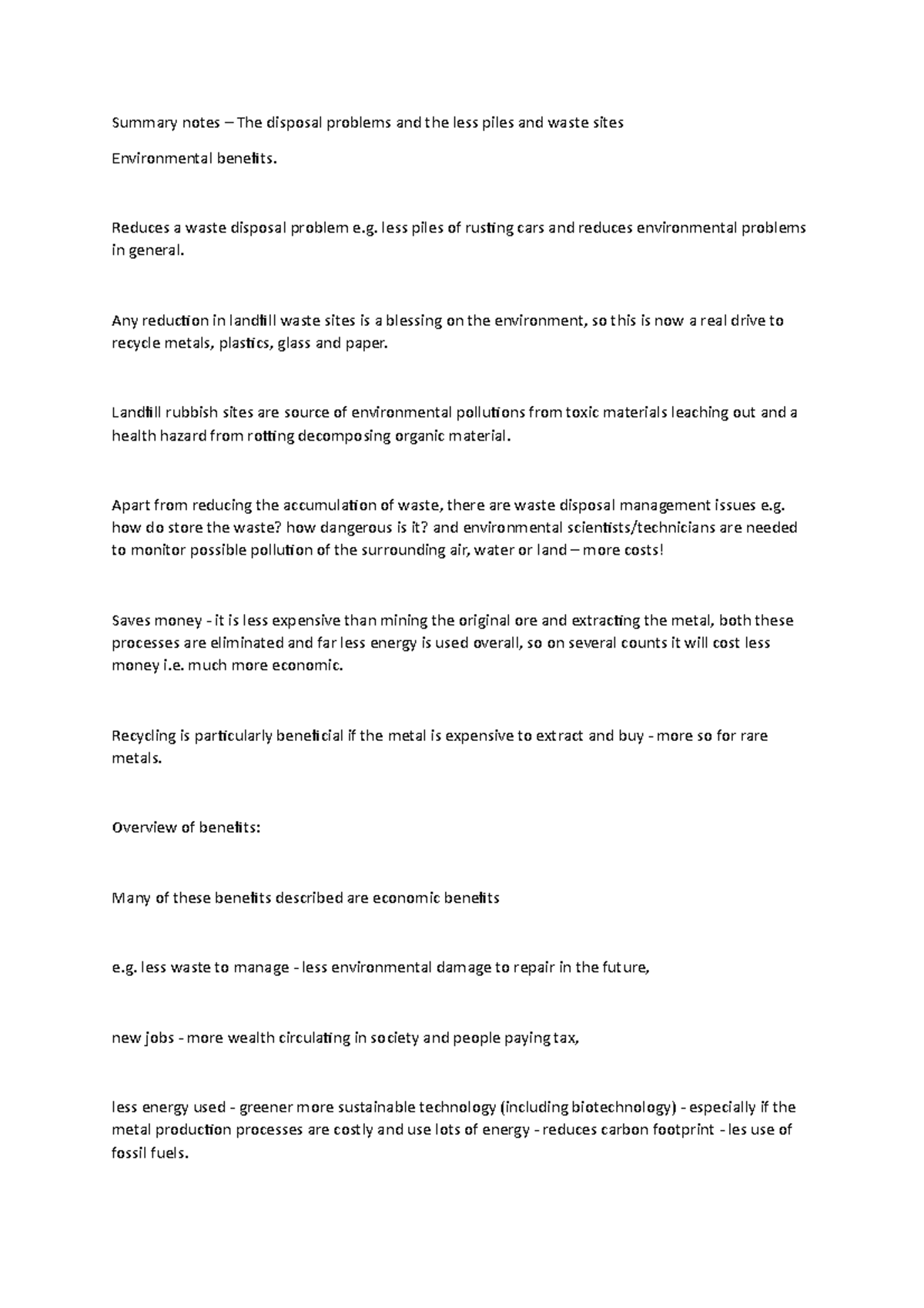 Summary Notes The Disposal Problems And The Less Piles And Waste