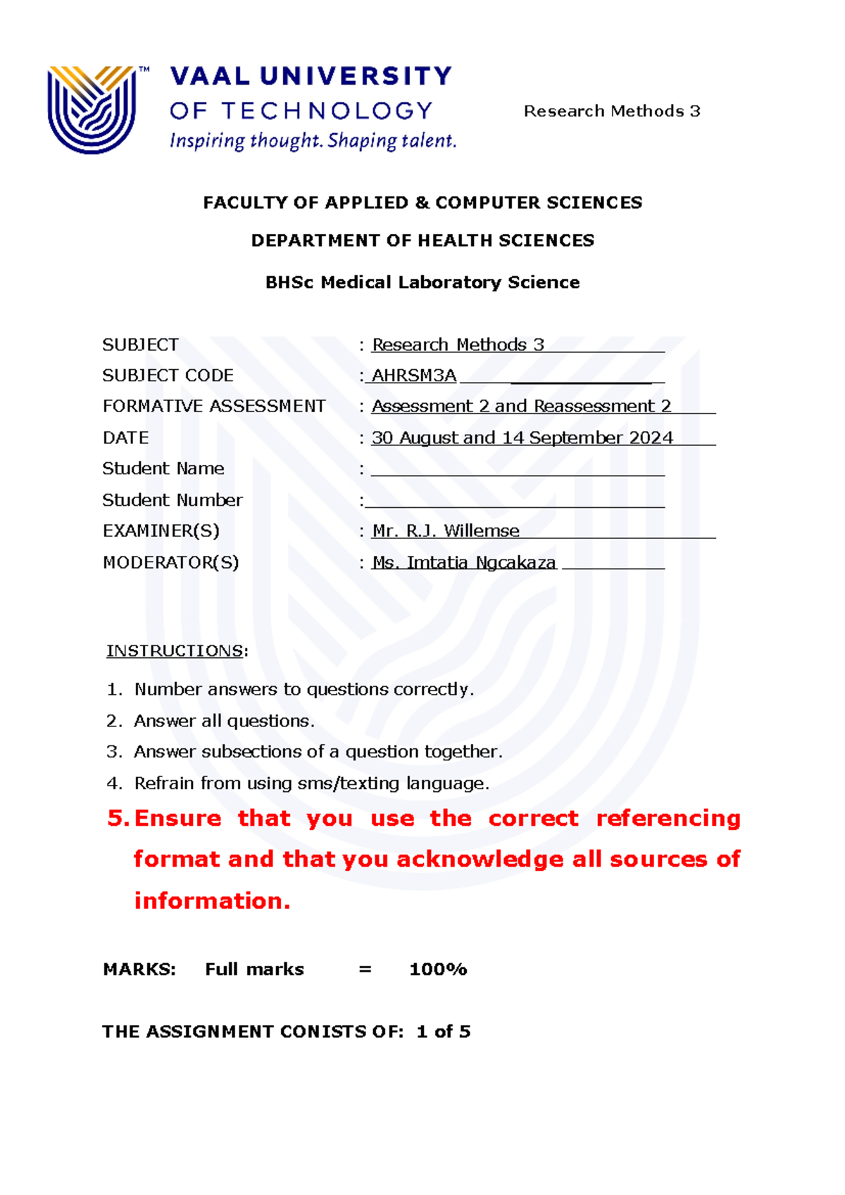 BHSc Medical Laboratory Science Research Methods 3 ( Ahrsm 3A