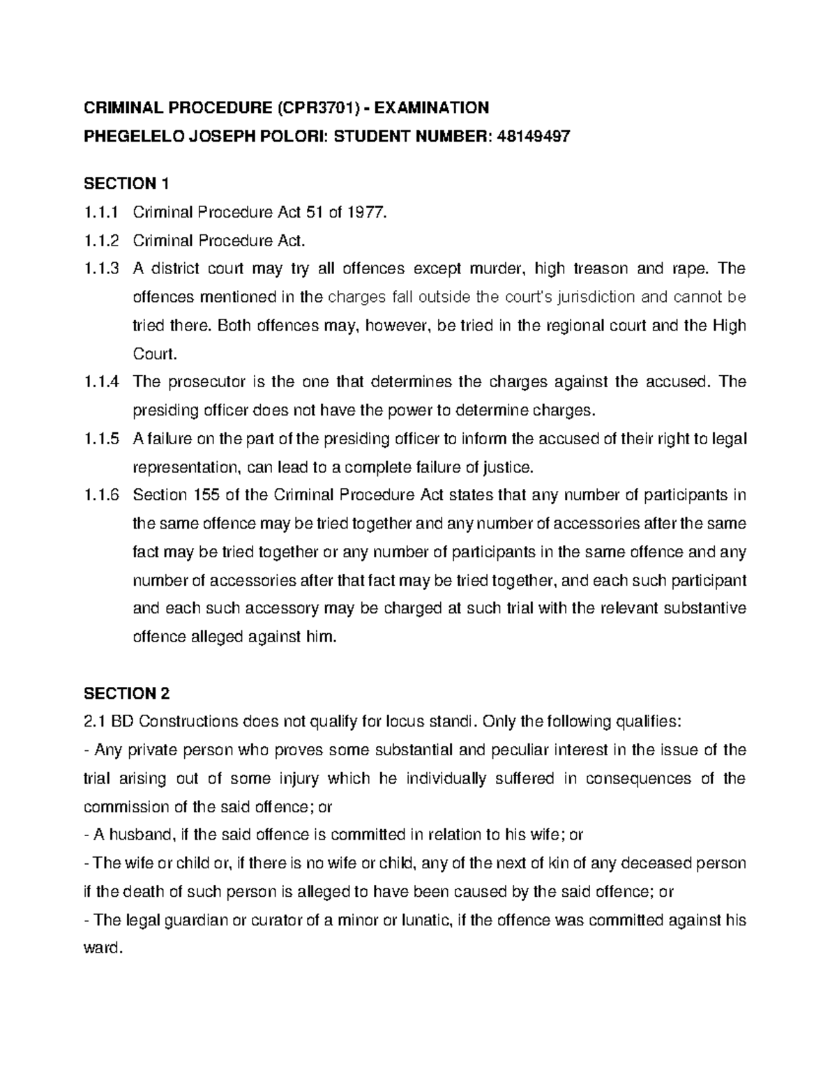 CPR3701 - June 2023 Examination - CRIMINAL PROCEDURE (CPR3701 ...