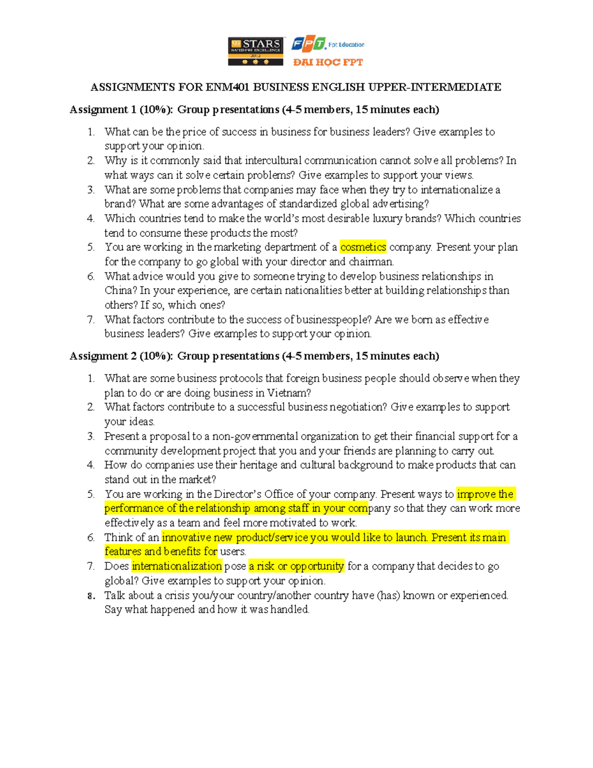 ENM401 Assignment Topics - ASSIGNMENTS FOR ENM401 BUSINESS ENGLISH ...