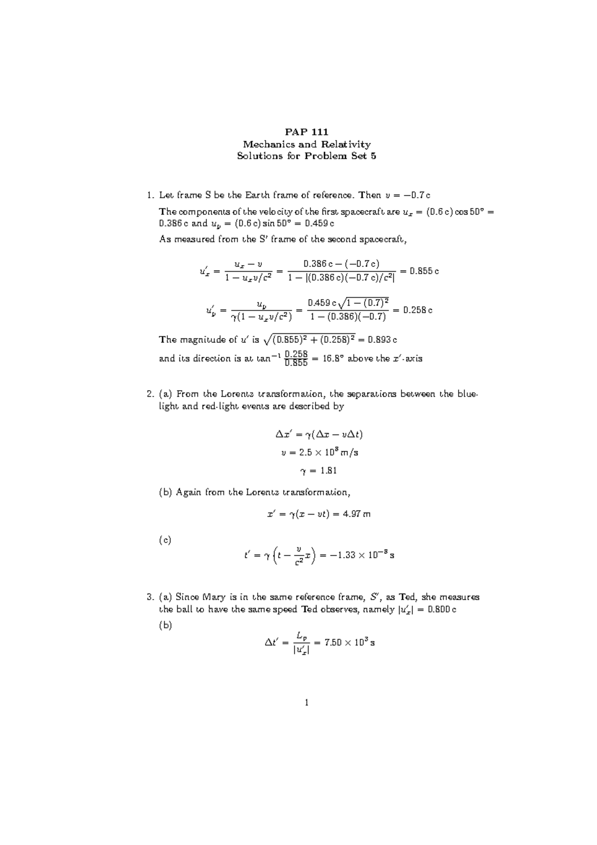 PAP111 Sol Set 5 08-09 - solution of tutorial 5 - PAP 111 Mechanics and ...