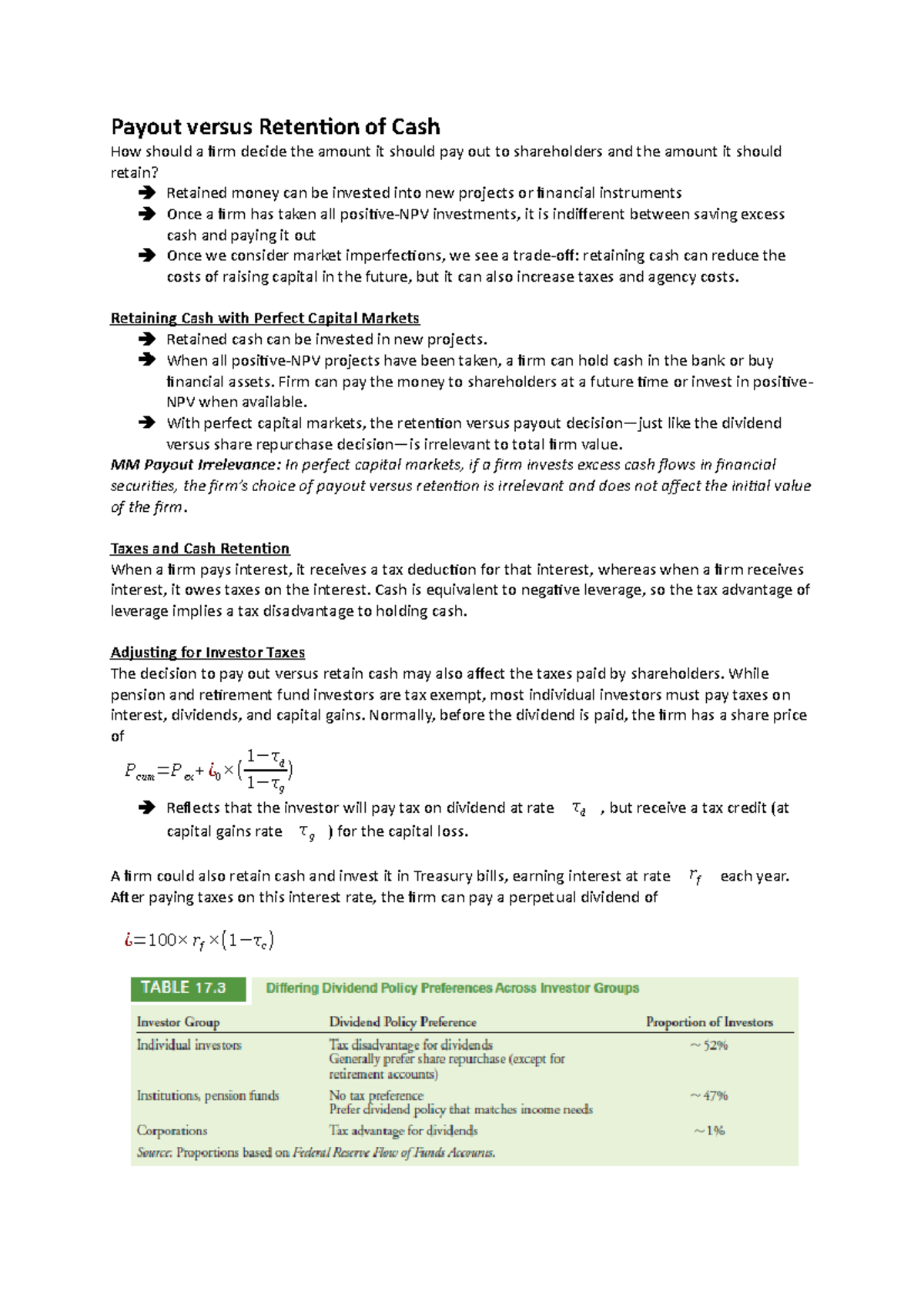Payout versus Retention of Cash Retaining Cash with Perfect Capital