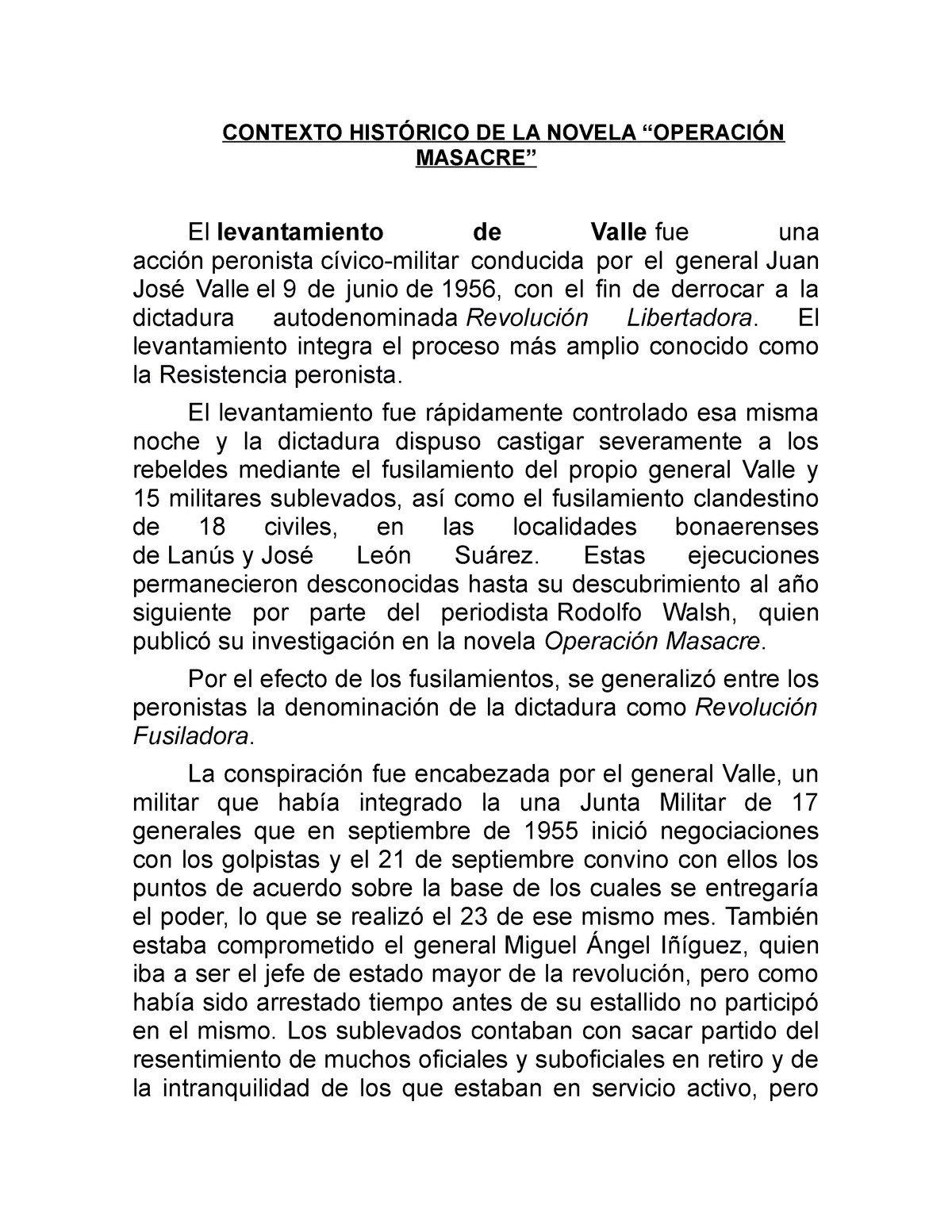 Operacion Masacre - CONTEXTO HISTÓRICO DE LA NOVELA “OPERACIÓN MASACRE ...