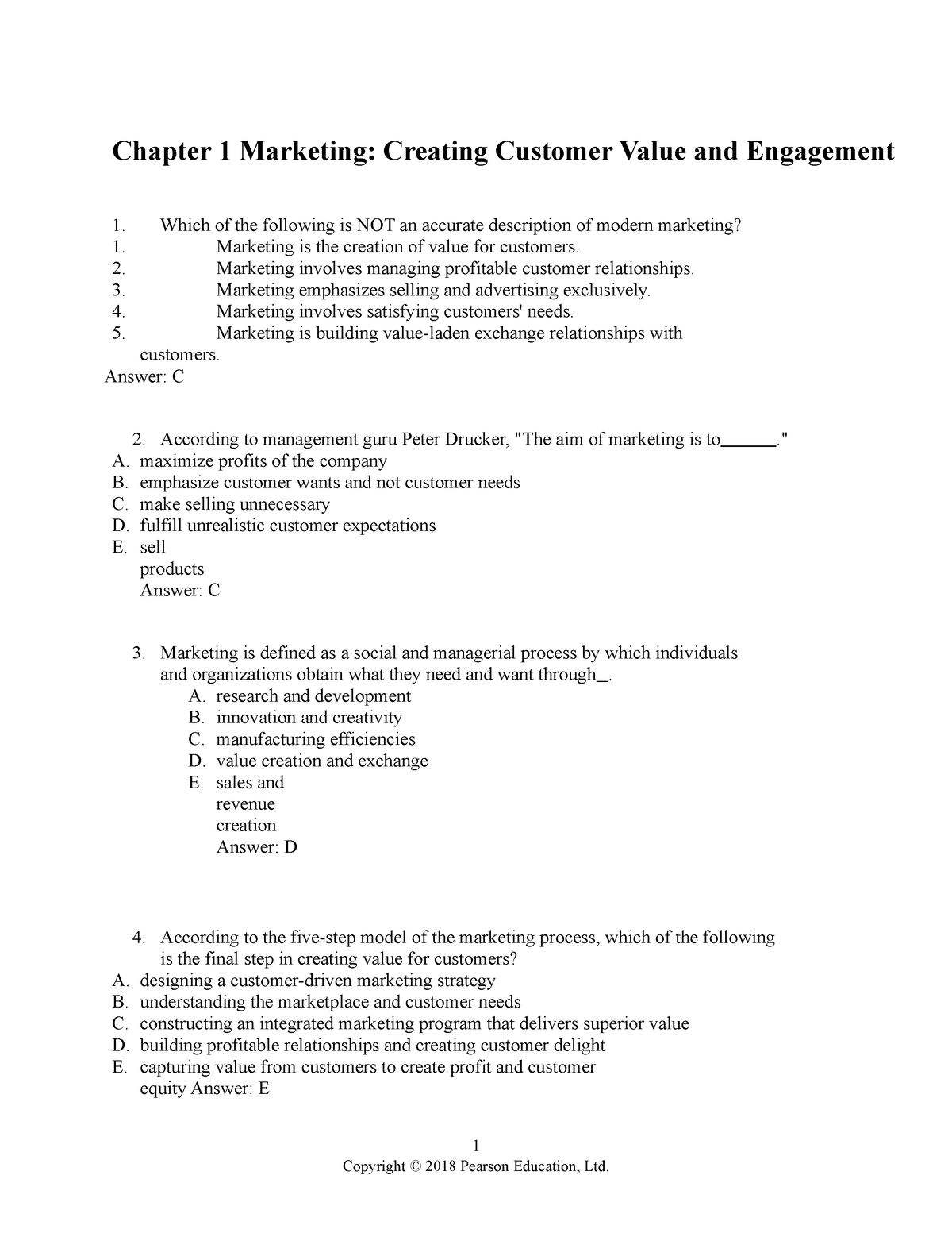 Testbank chap 1 - Chapter 1 Marketing: Creating Customer Value and ...