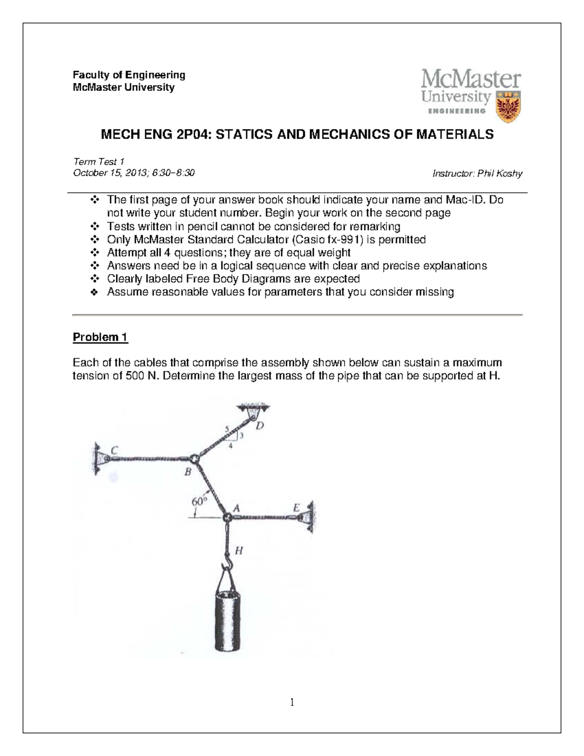 Mech Eng 2P04 Term Test 1 2013 - Faculty of Engineering McMaster ...