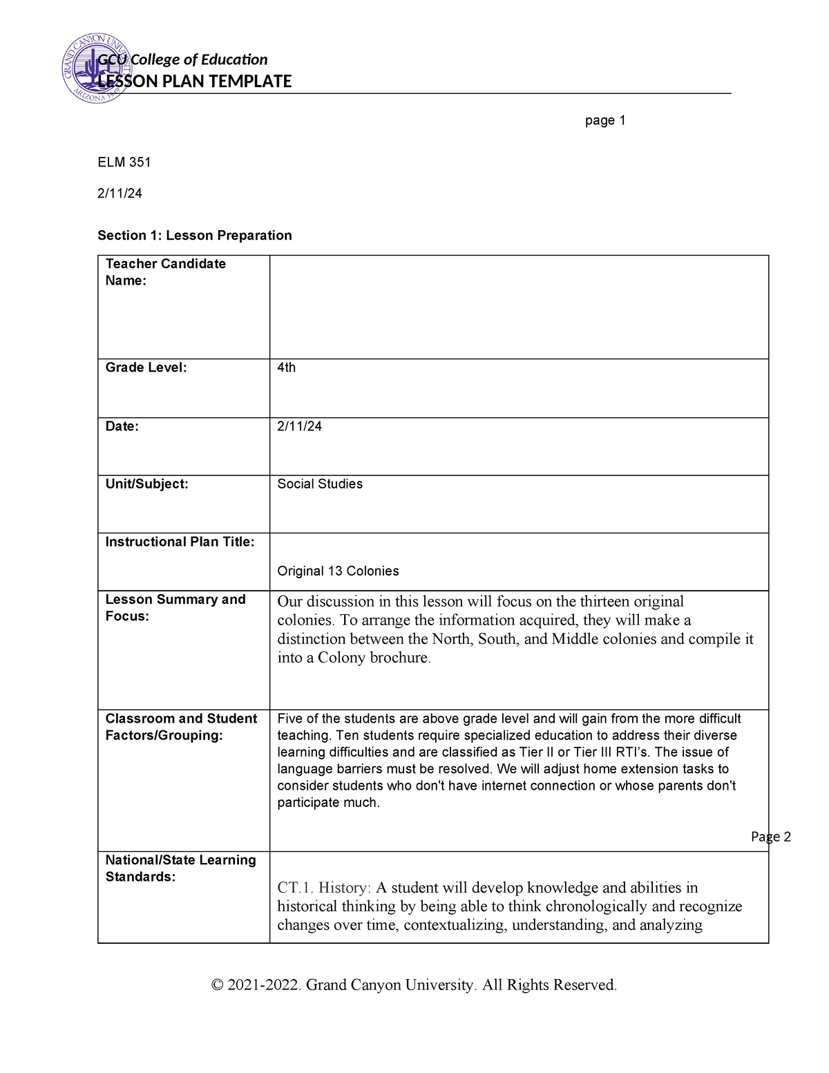 ELM 351 Topic 4 - lesson plan - LESSON PLAN TEMPLATE page 1 ELM 351 2 ...