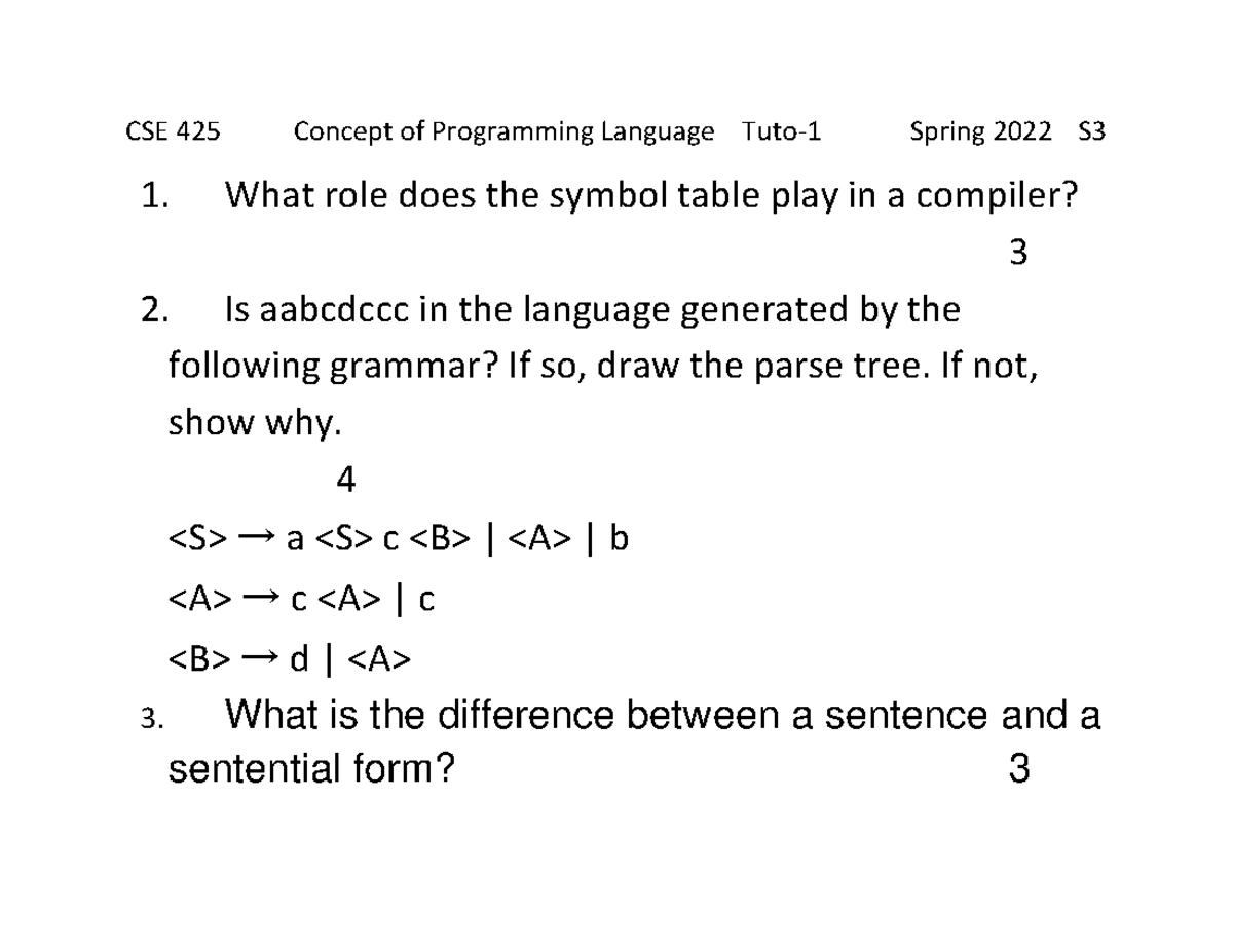 Quiz01 - quiz 1 - Concepts of Programming Languages - CSE 425 Concept ...