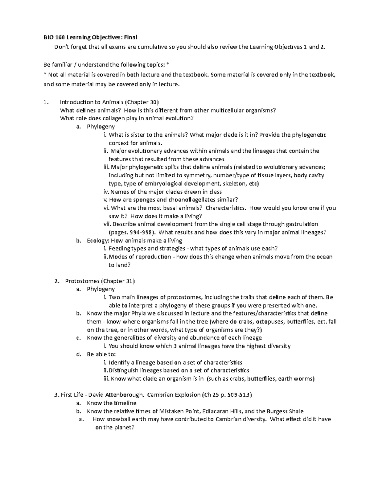 Final Exam Objectives 2017 BIO 160 Learning Objectives Final Don’t