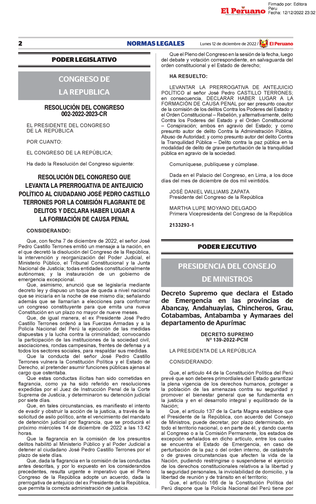 Decreto Supremo Que Declara El Estado De Emergencia En Las P Decreto ...