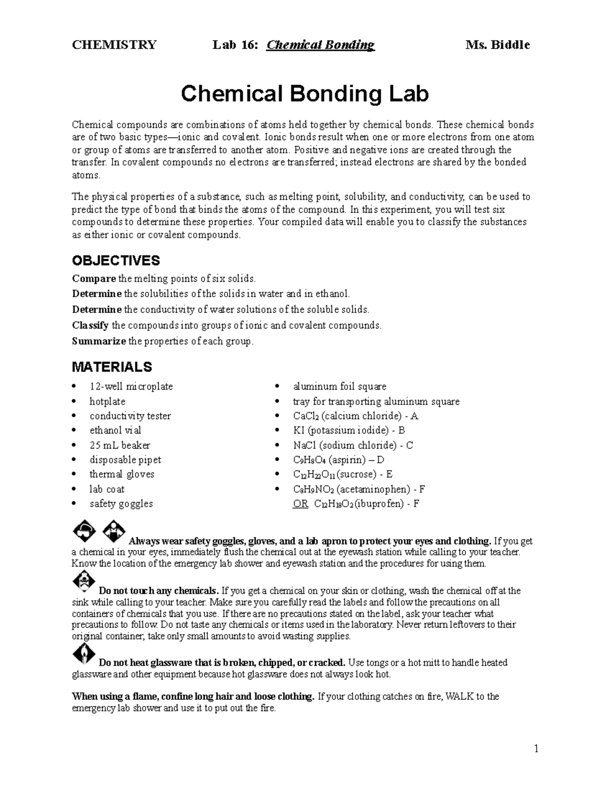 Lab16 Chemical Bonding Lab CHEMISTRY Lab 16 Chemical Bonding Ms