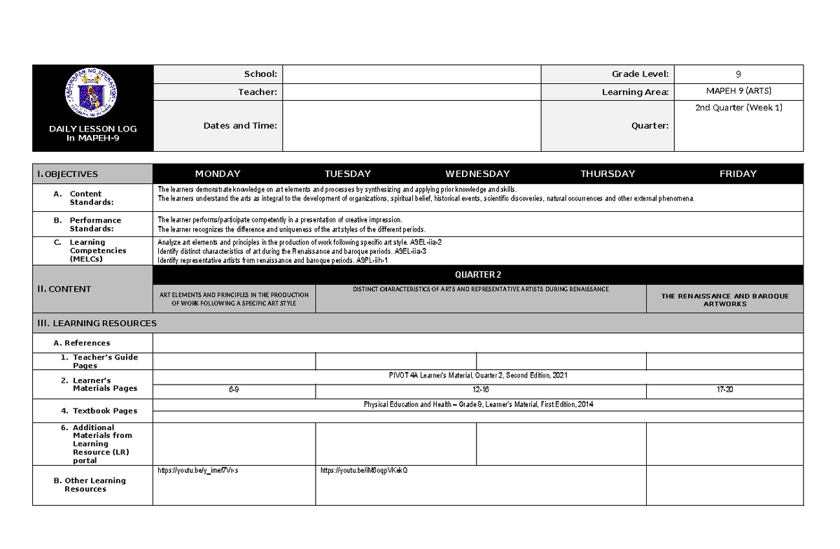 DLL ARTS Q2 W1 FREE - Grade 9 arts lesson - DAILY LESSON LOG In MAPEH ...