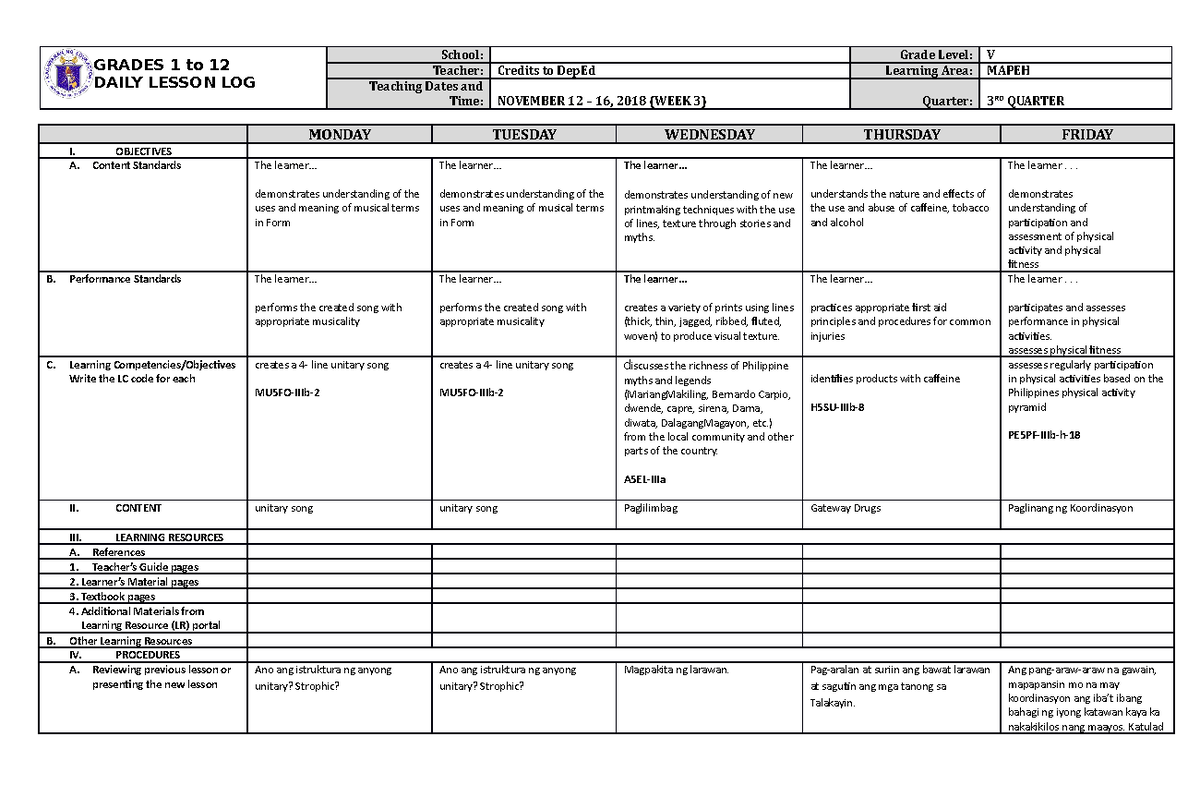 DLL Quarter 3 Week 3 Mapeh 5 - GRADES 1 to 12 DAILY LESSON LOG School ...