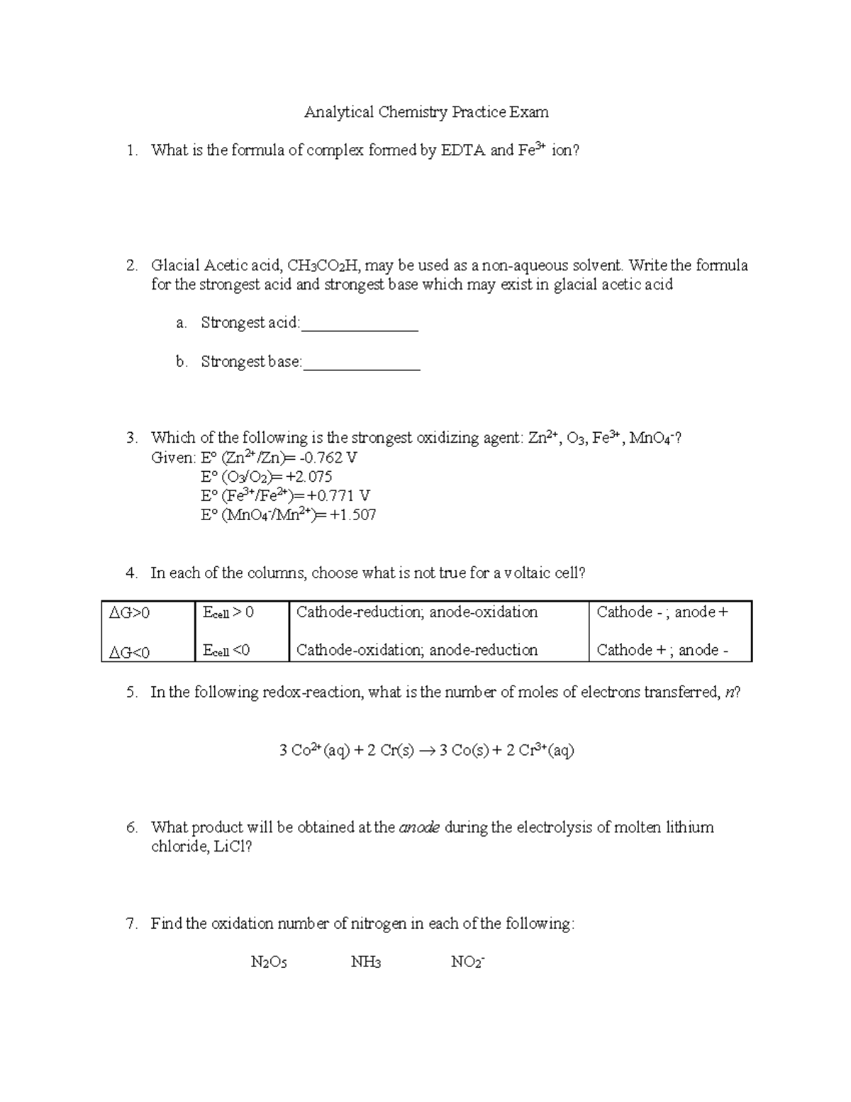 Analytical Practice Exam 3 Analytical Chemistry Practice Exam What is