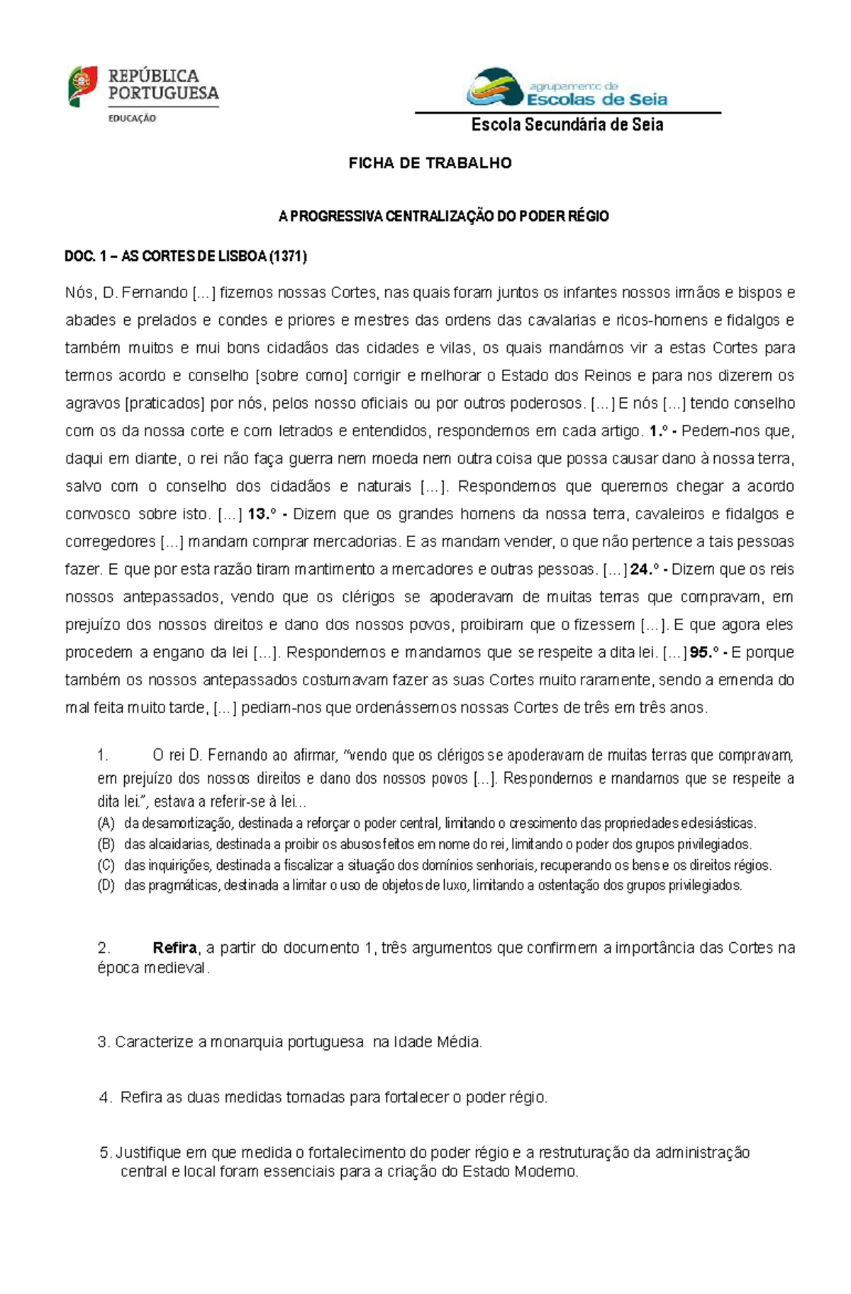 Ficha 4 Apoio poder régio - Escola Secundária de Seia FICHA DE TRABALHO ...
