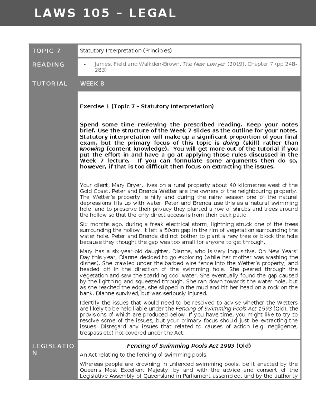 Legal Foundations A - Topic 7 - Statutory Interpretation - L A W S 1 0 ...