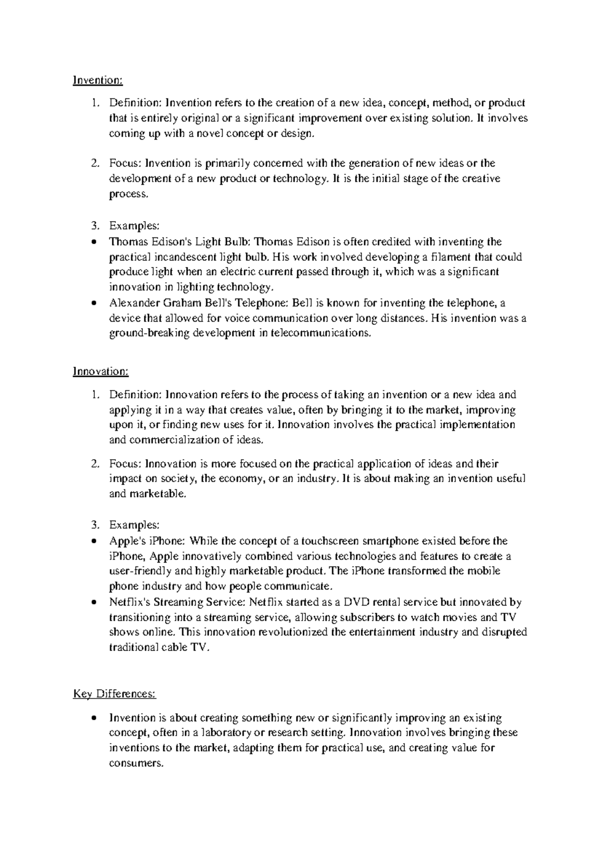 Invention - Invention: 1. Definition: Invention refers to the creation ...