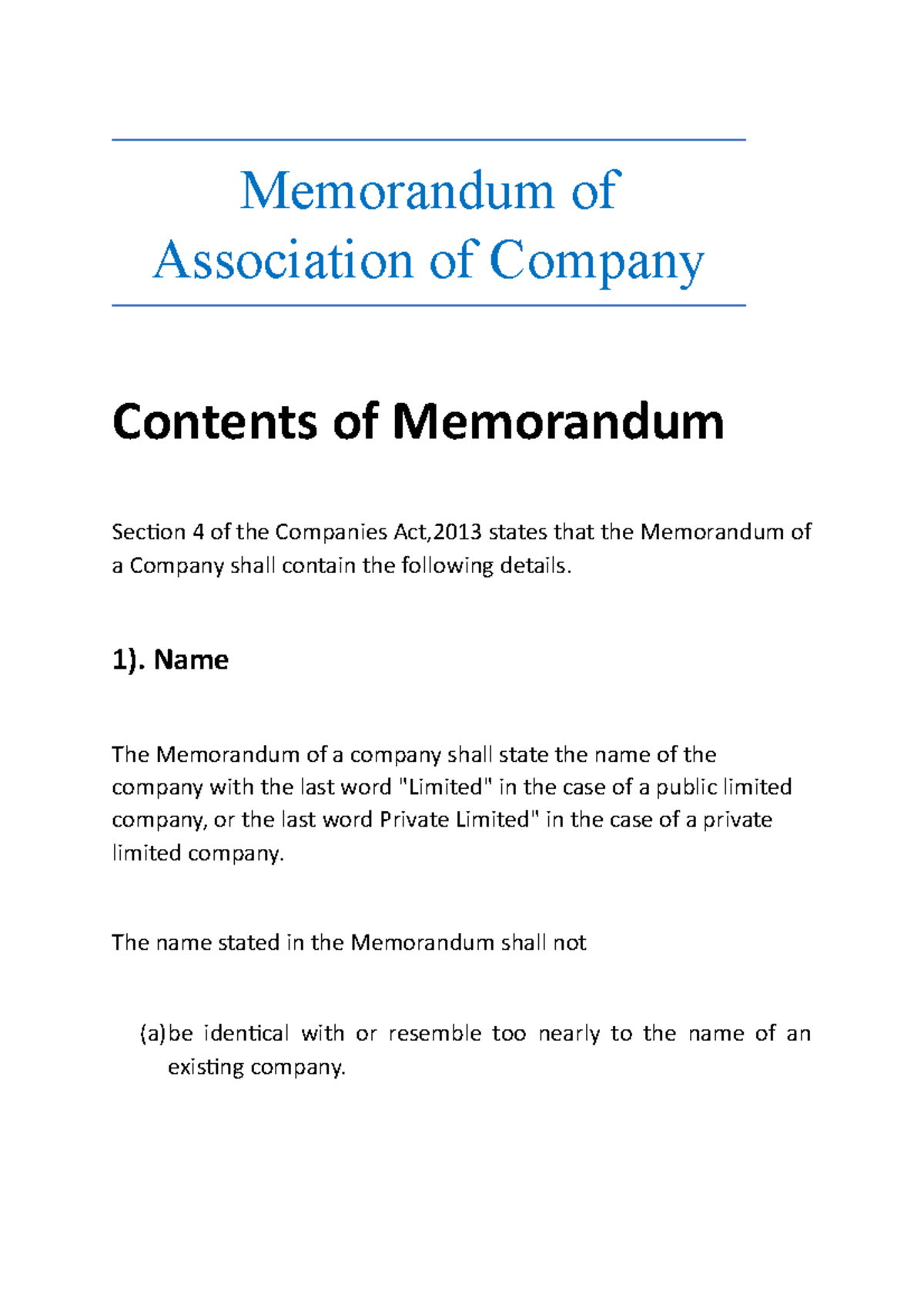 Contents of Memorandum - Memorandum of Association of Company Contents ...