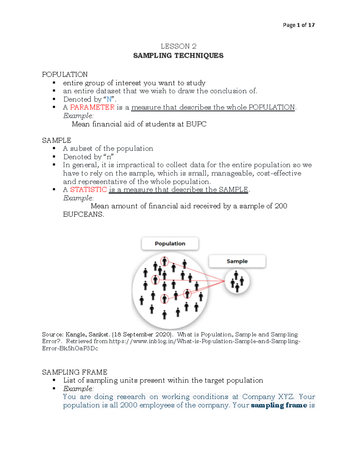 Lesson 2 Sampling Techniques - LESSON 2 SAMPLING TECHNIQUES POPULATION ...