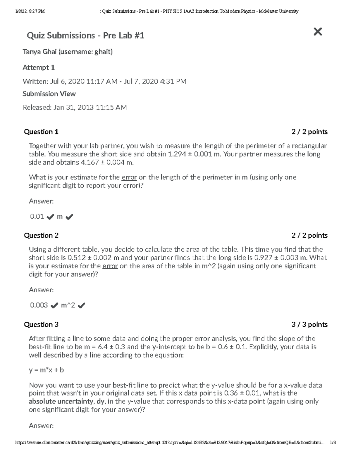 Physics Quiz 1 - 1/8/22, 8:27 PM : Quiz Submissions - Pre Lab #1 ...