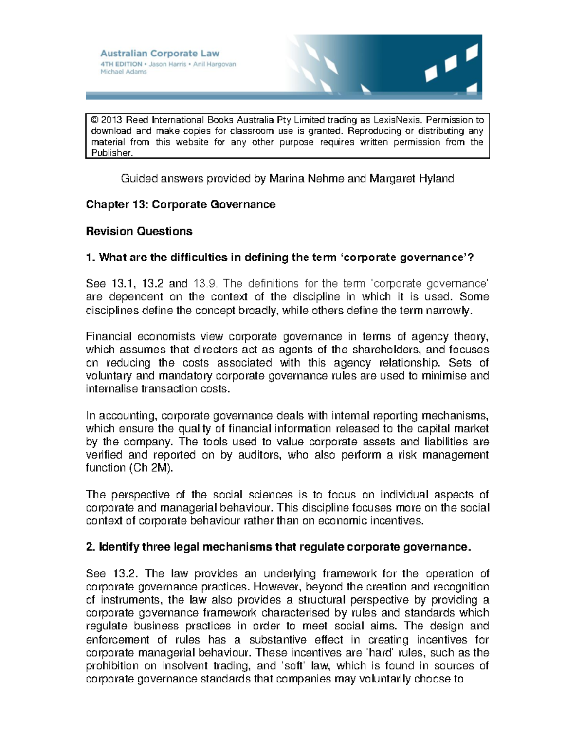 Guided Answers to Revision Questions on Chapter 13 © 2013 Reed