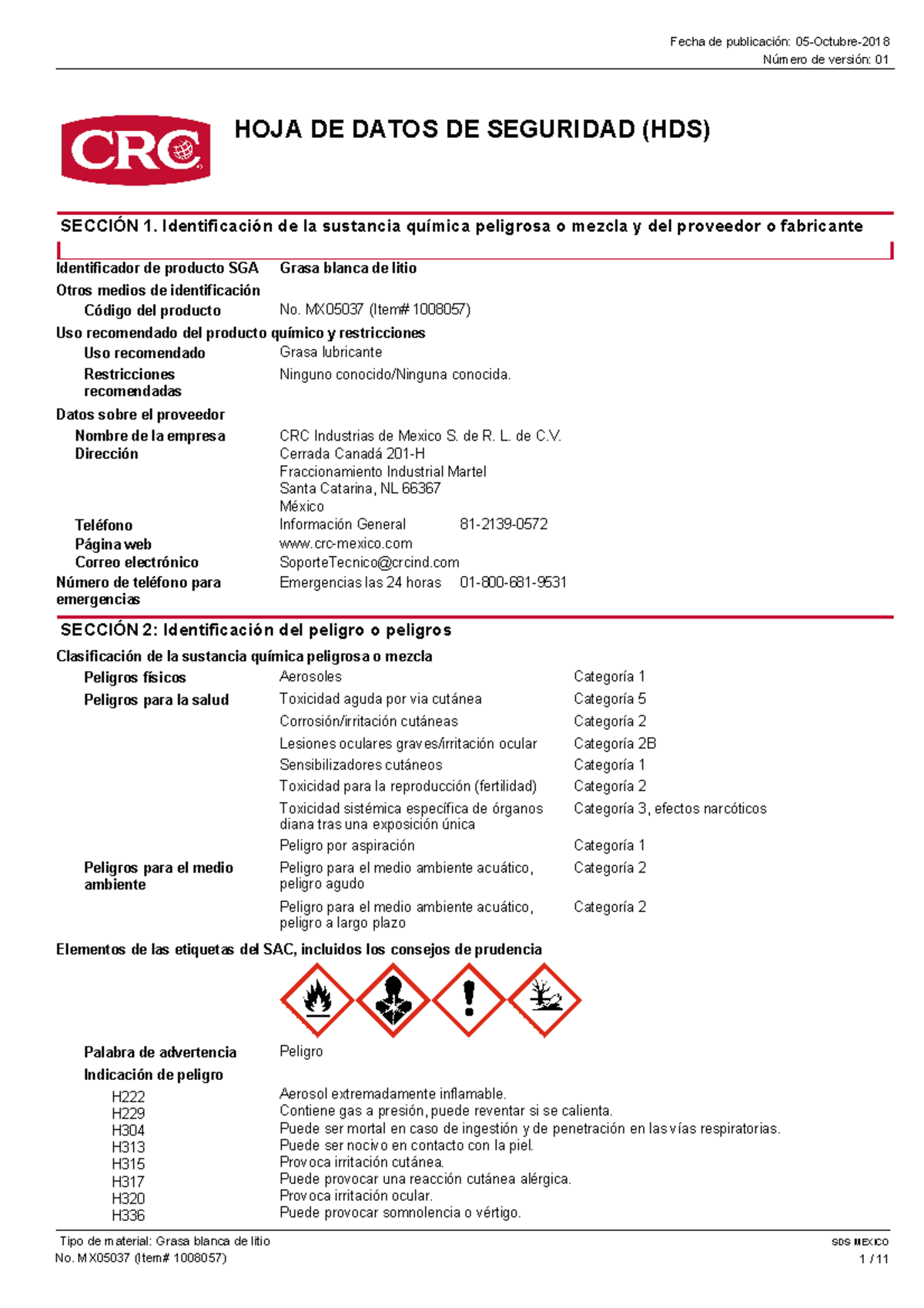 34. Grasa Blanca DE LitioCRC Número de versión 01 HOJA DE DATOS DE