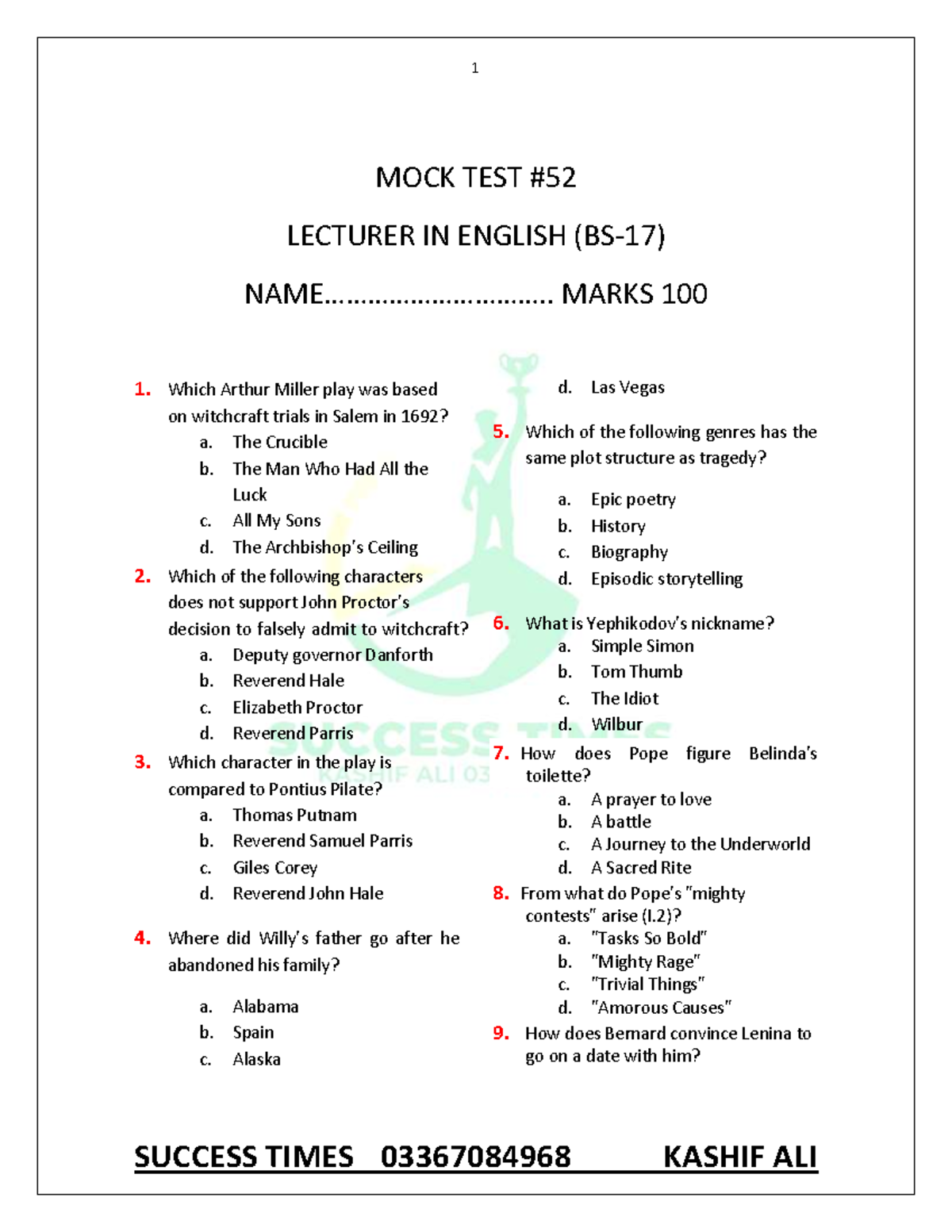 #52 Mock Test Unsolved - English Literature - MOCK TEST LECTURER IN ...