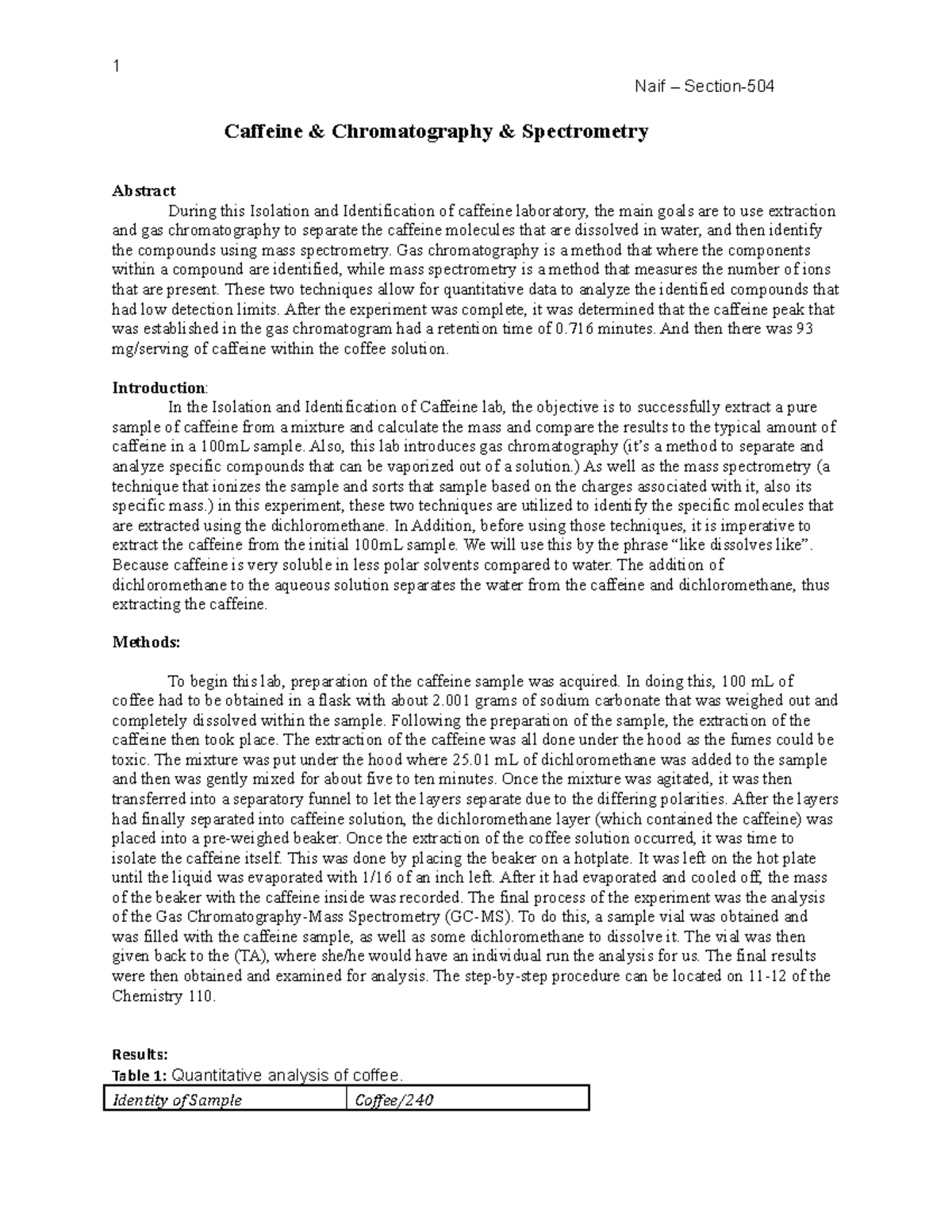 Final draft chem 110 Lab report Naif Section Caffeine