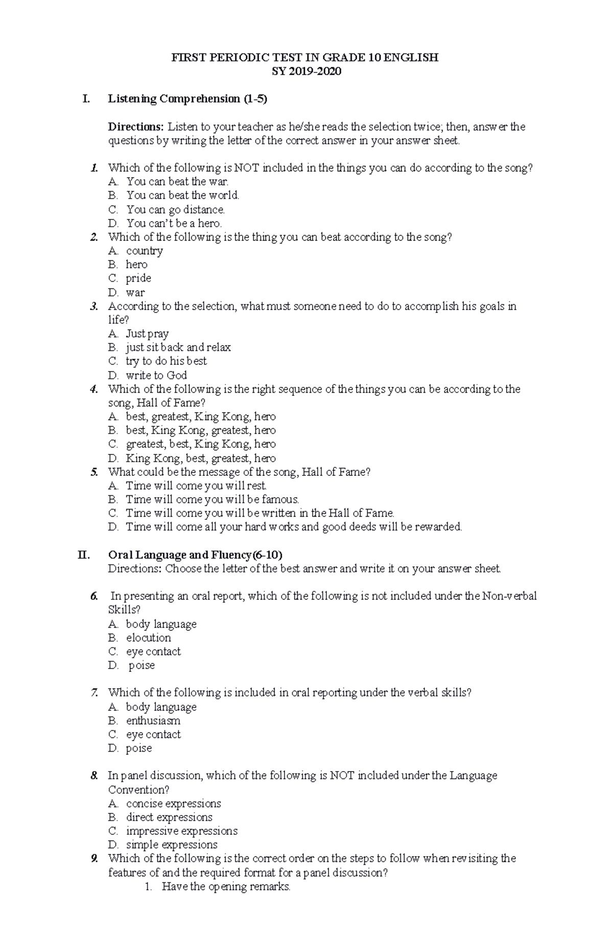 1st Periodic Test - English 10 - FIRST PERIODIC TEST IN GRADE 10 ...