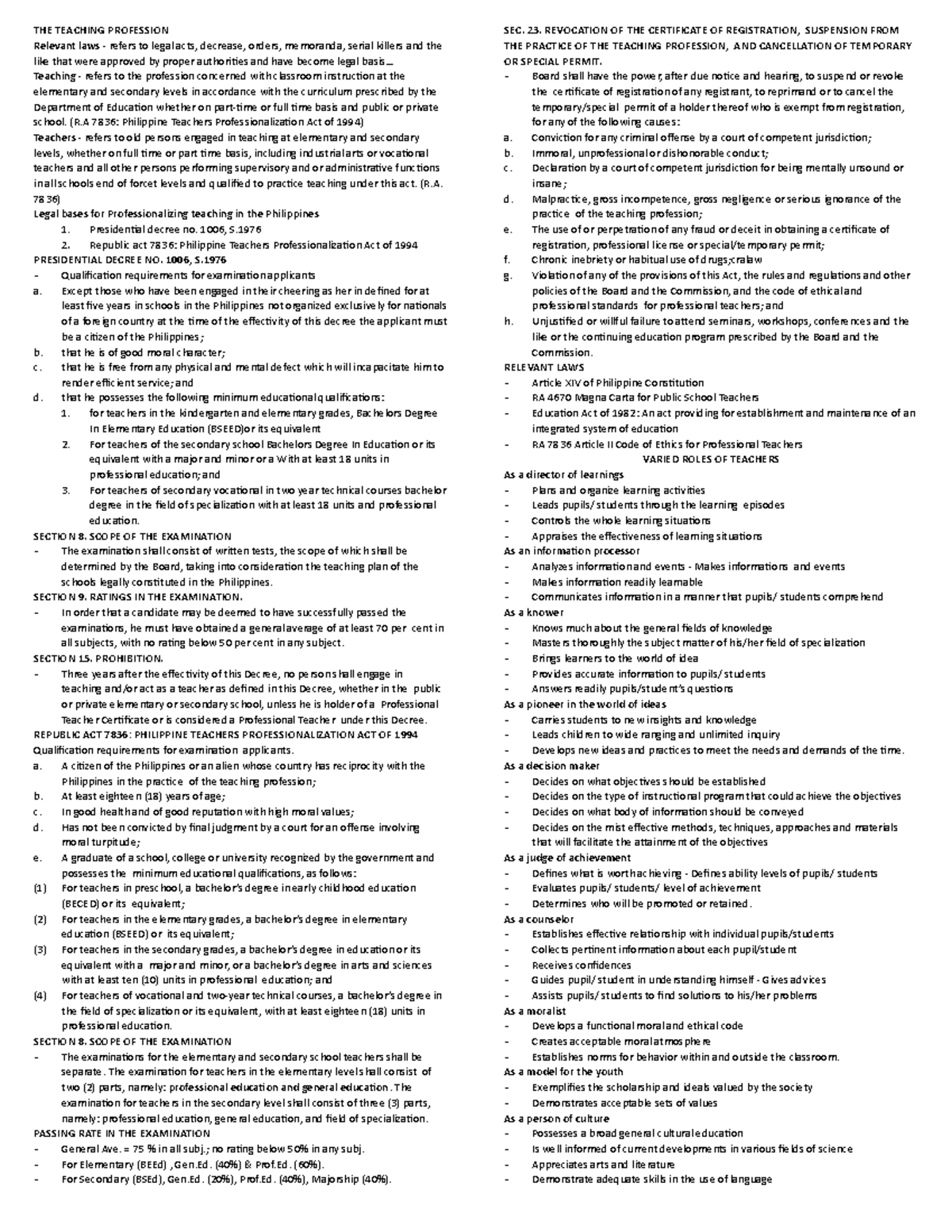 EDUC 11 Midterm Reviewer - THE TEACHING PROFESSION Relevant laws ...