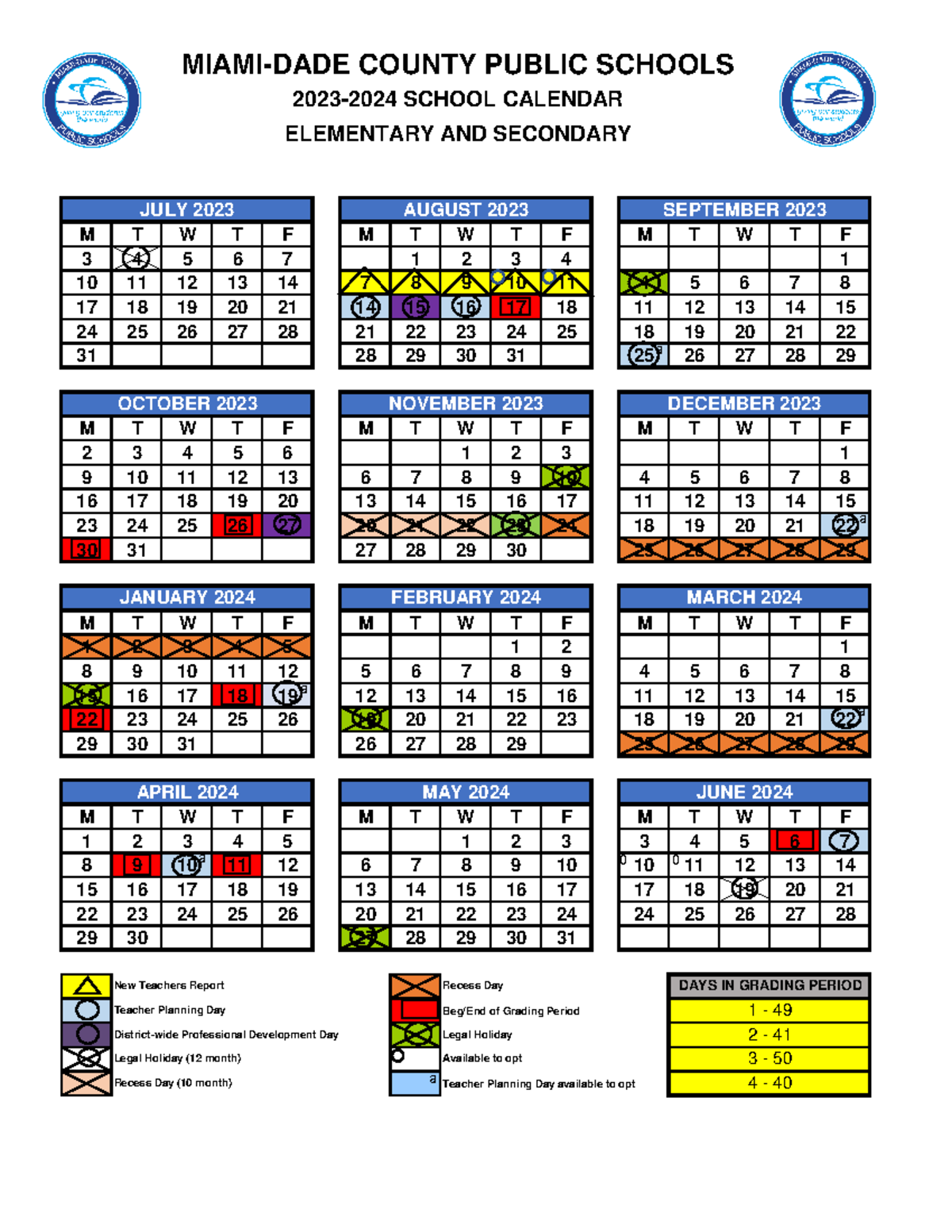 2023-2024 Elementary and Secondary Calendar-1 - M T W T F M T W T F M T ...