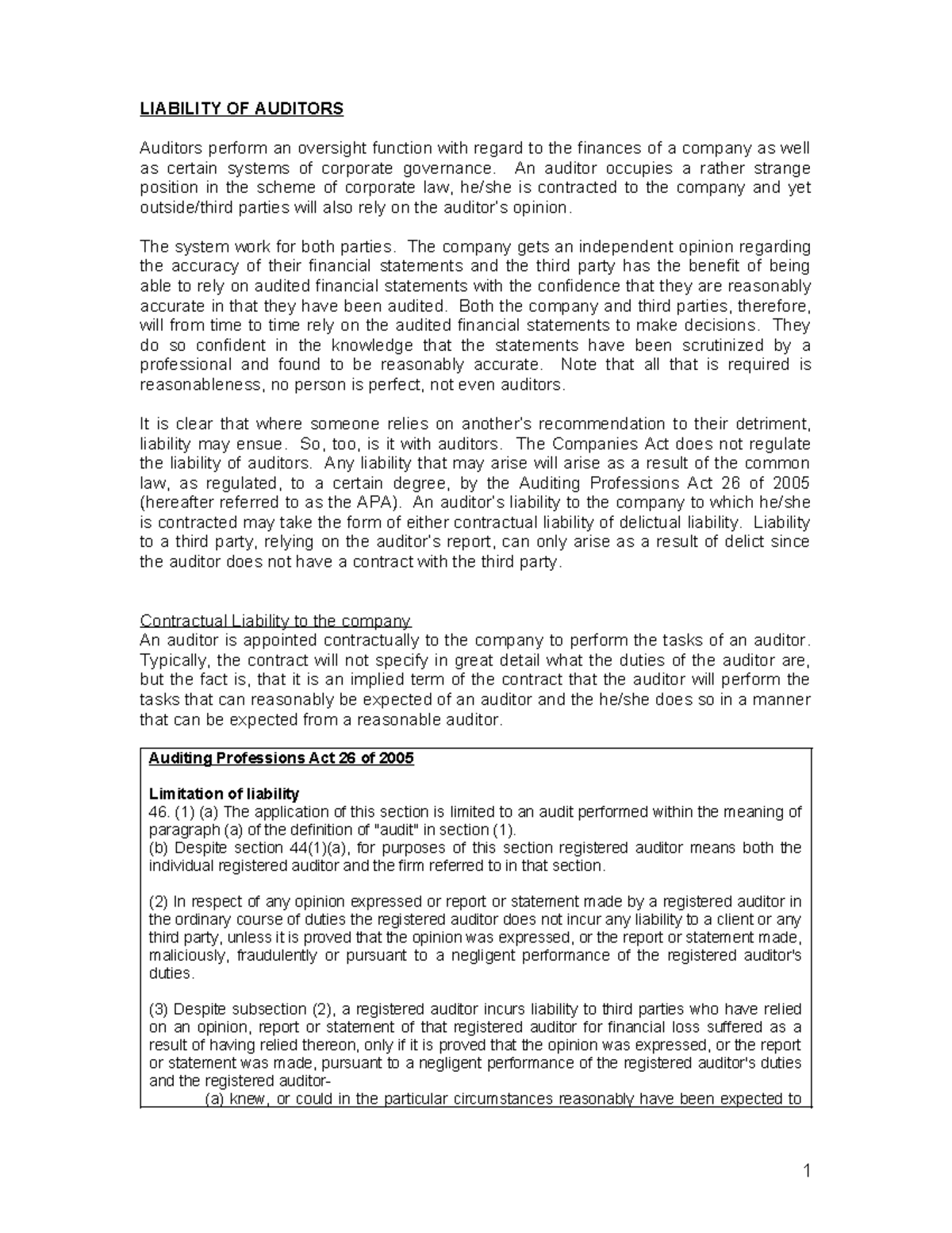 Liability OF Auditors Explanatory notes - LIABILITY OF AUDITORS ...