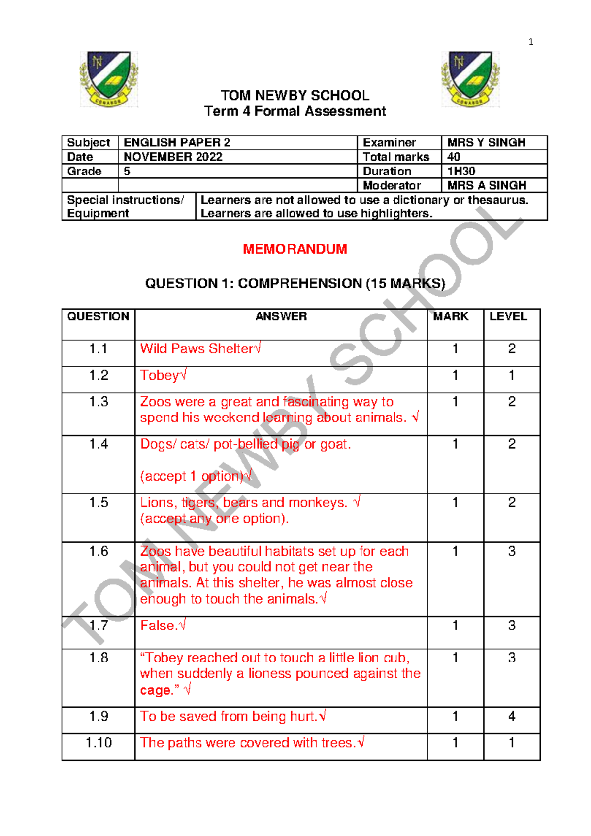 Grade 5 English Memo November 2022 - TOM NEWBY SCHOOL Term 4 Formal ...